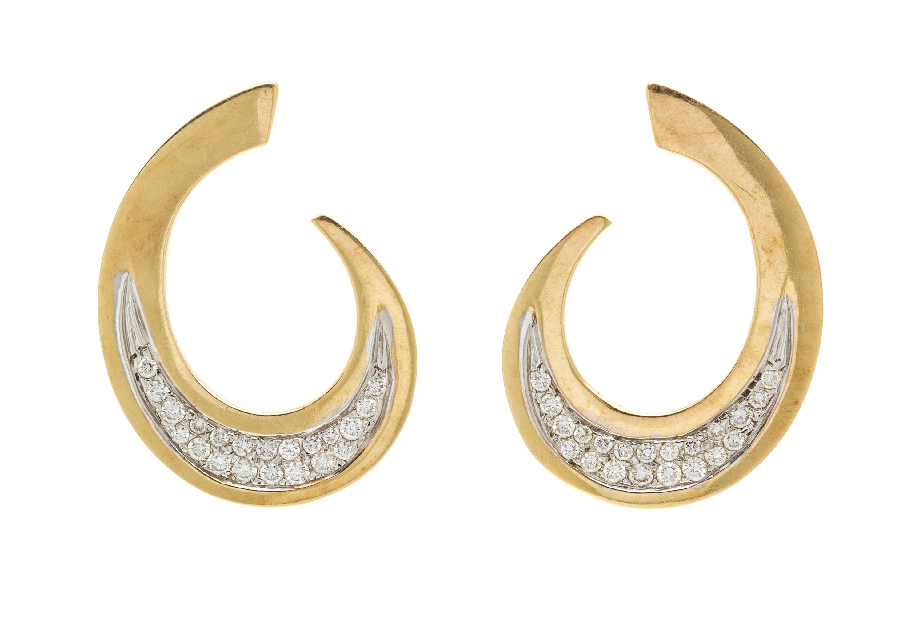 A Pair of 14 Karat Yellow Gold and Diamond Earrings, 9.60 dwts.
