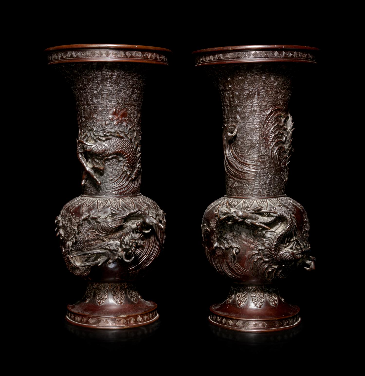 A Pair of Bronze Dragon Vases