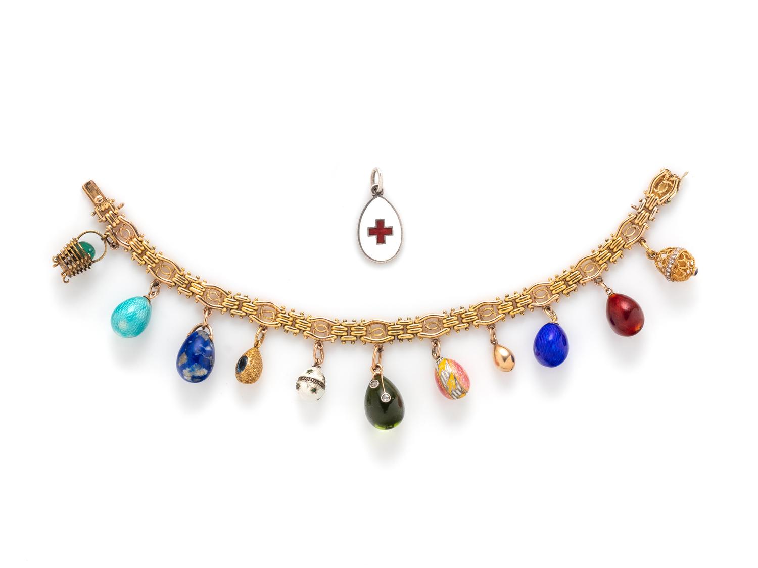RUSSIAN, ANTIQUE, YELLOW GOLD AND ENAMEL EGG CHARM BRACELET