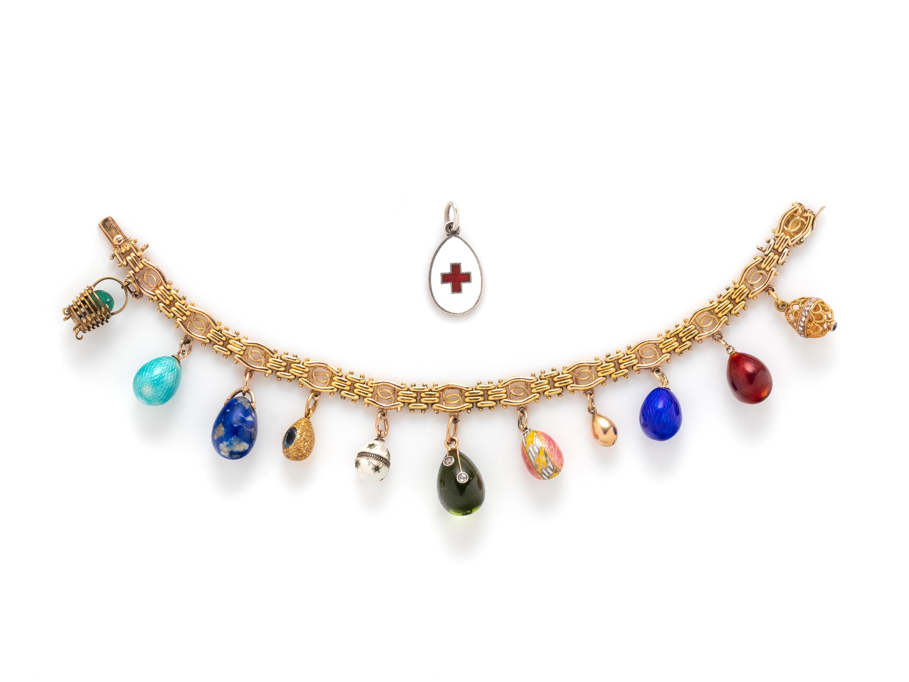 RUSSIAN, ANTIQUE, YELLOW GOLD AND ENAMEL EGG CHARM BRACELET
