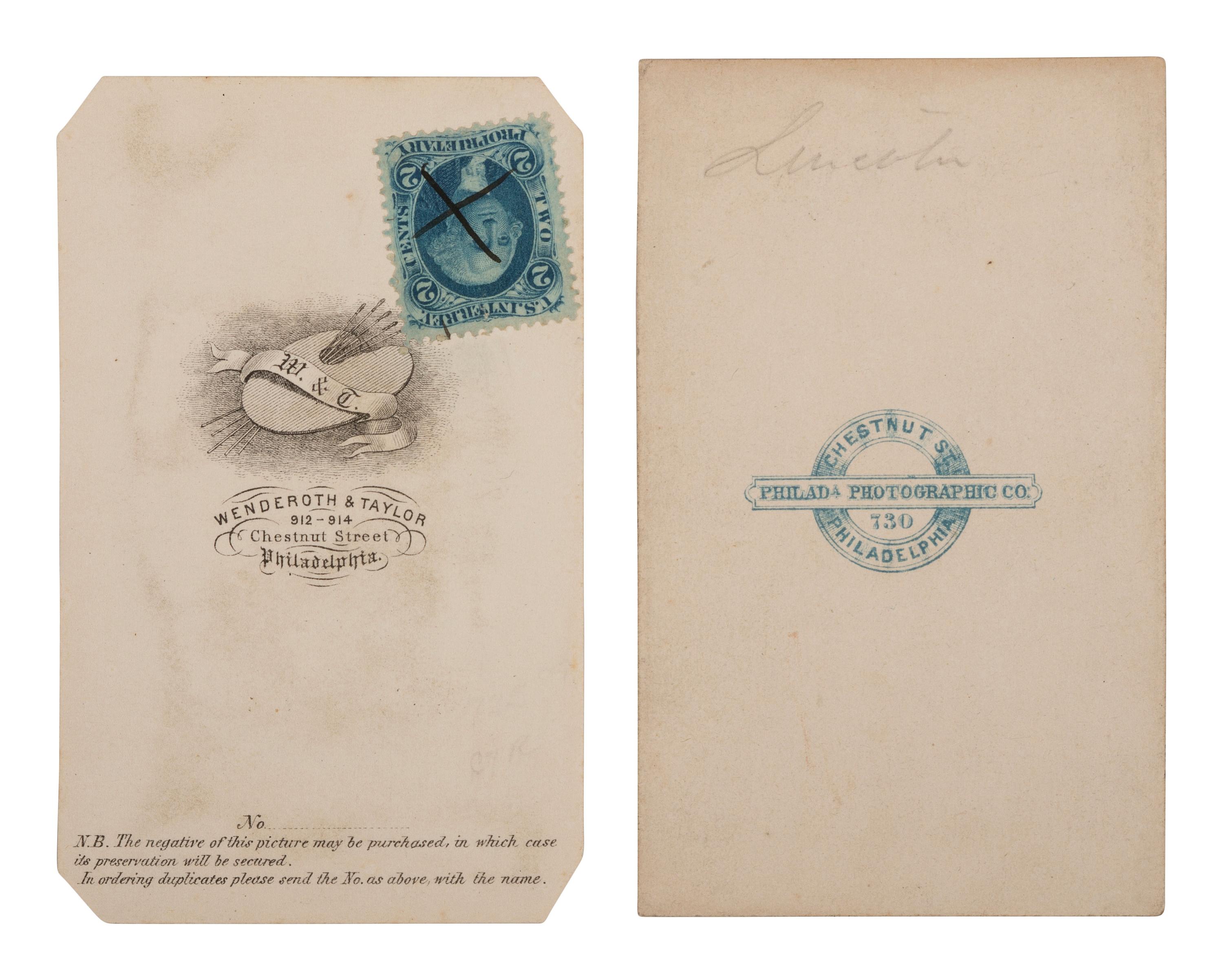 [LINCOLN, Abraham (1809-1865)]. WENDEROTH & TAYLOR, photographers. 2 CDVs of Lincoln. Philadelphia, February or March 1864.