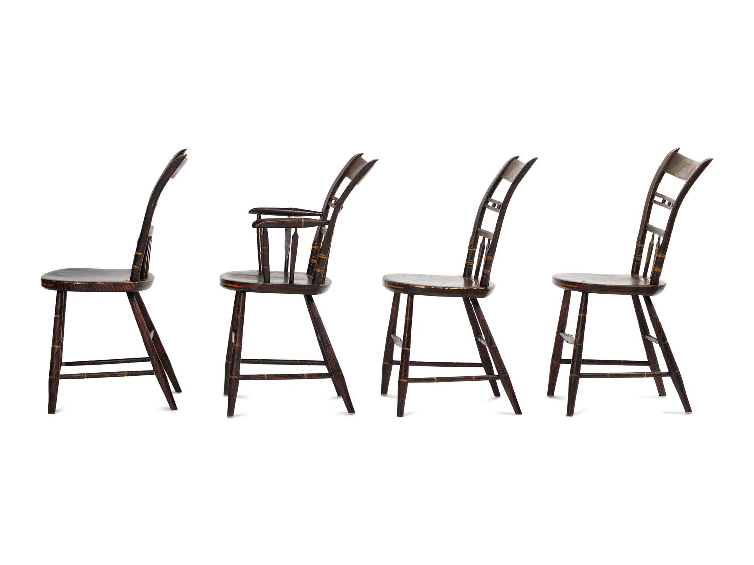 A Set of Four Classical Grain Painted and Flower Decorated Bamboo Turned Dining Chairs