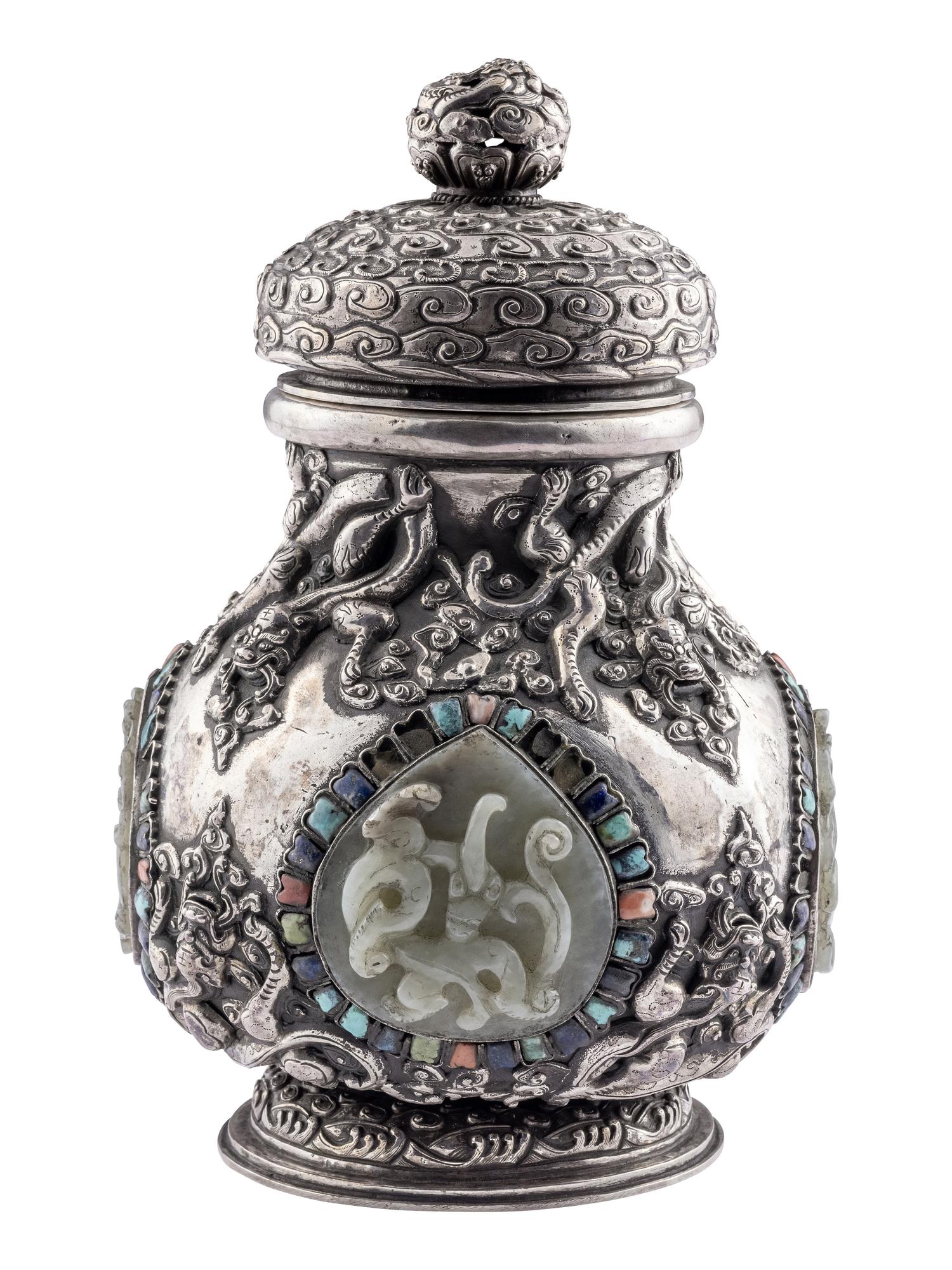 A Mongolian Jade and Hardstone Inset Silver Covered Hu Vessel