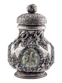 A Mongolian Jade and Hardstone Inset Silver Covered Hu Vessel