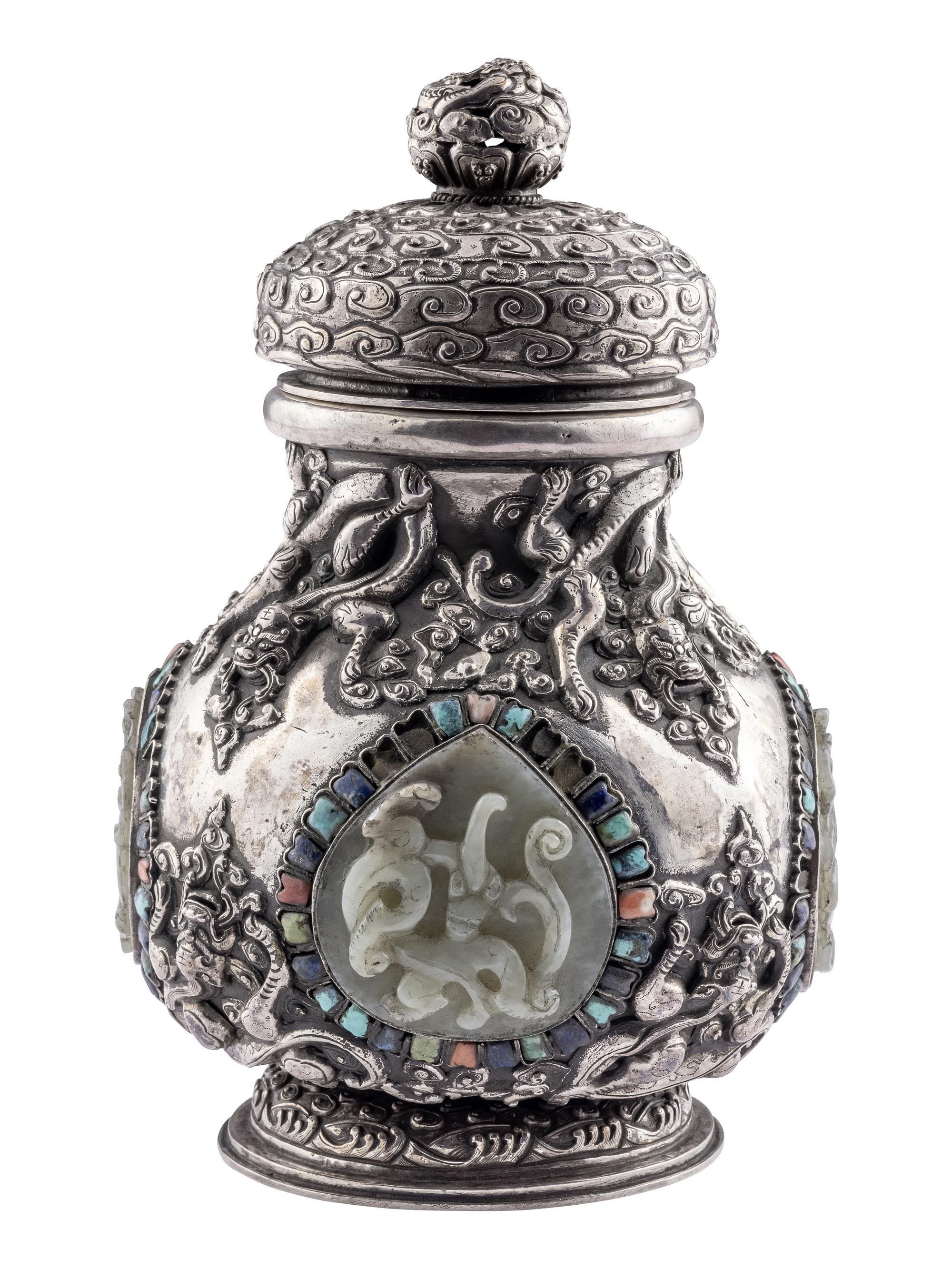 A Mongolian Jade and Hardstone Inset Silver Covered Hu Vessel