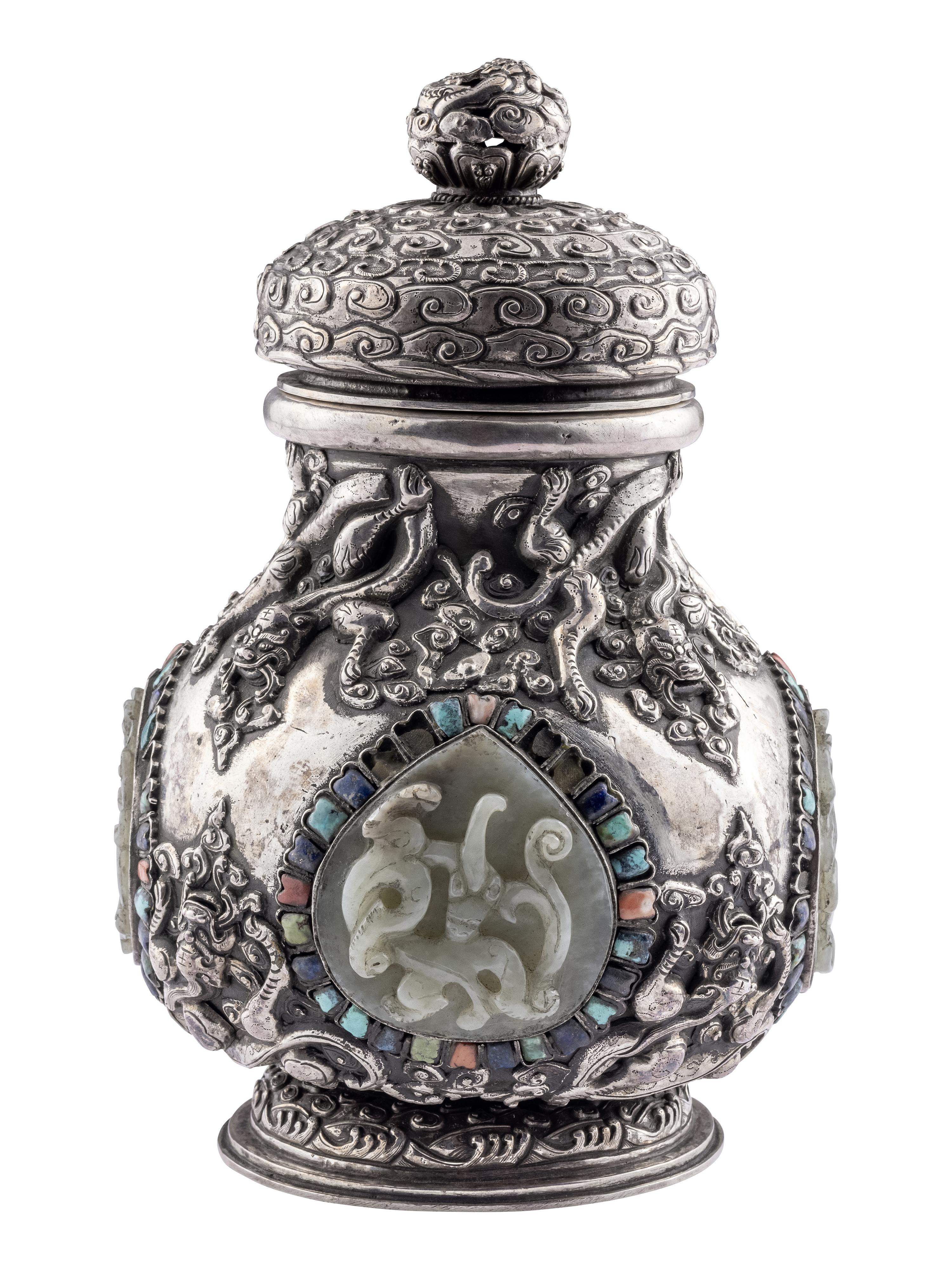 A Mongolian Jade and Hardstone Inset Silver Covered Hu Vessel