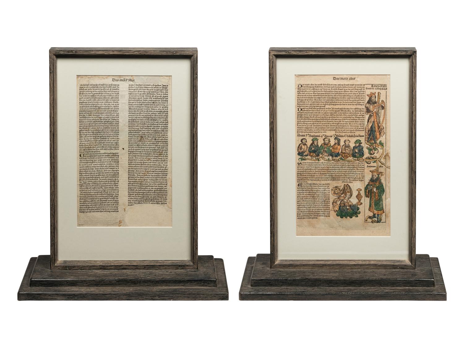 [LEAVES -- INCUNABULA] -- [SCHEDEL, Hartmann]. Two Incunabula leaves with hand-coloring from the Liber Chonicarum , or Nuremberg Chronicle . [Nuremberg, 1493].