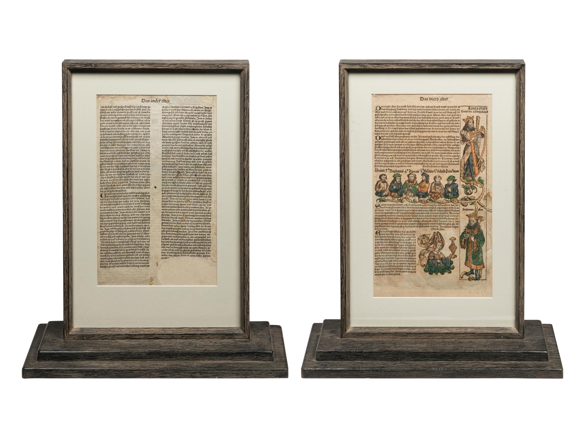 [LEAVES -- INCUNABULA] -- [SCHEDEL, Hartmann]. Two Incunabula leaves with hand-coloring from the Liber Chonicarum , or Nuremberg Chronicle . [Nuremberg, 1493].