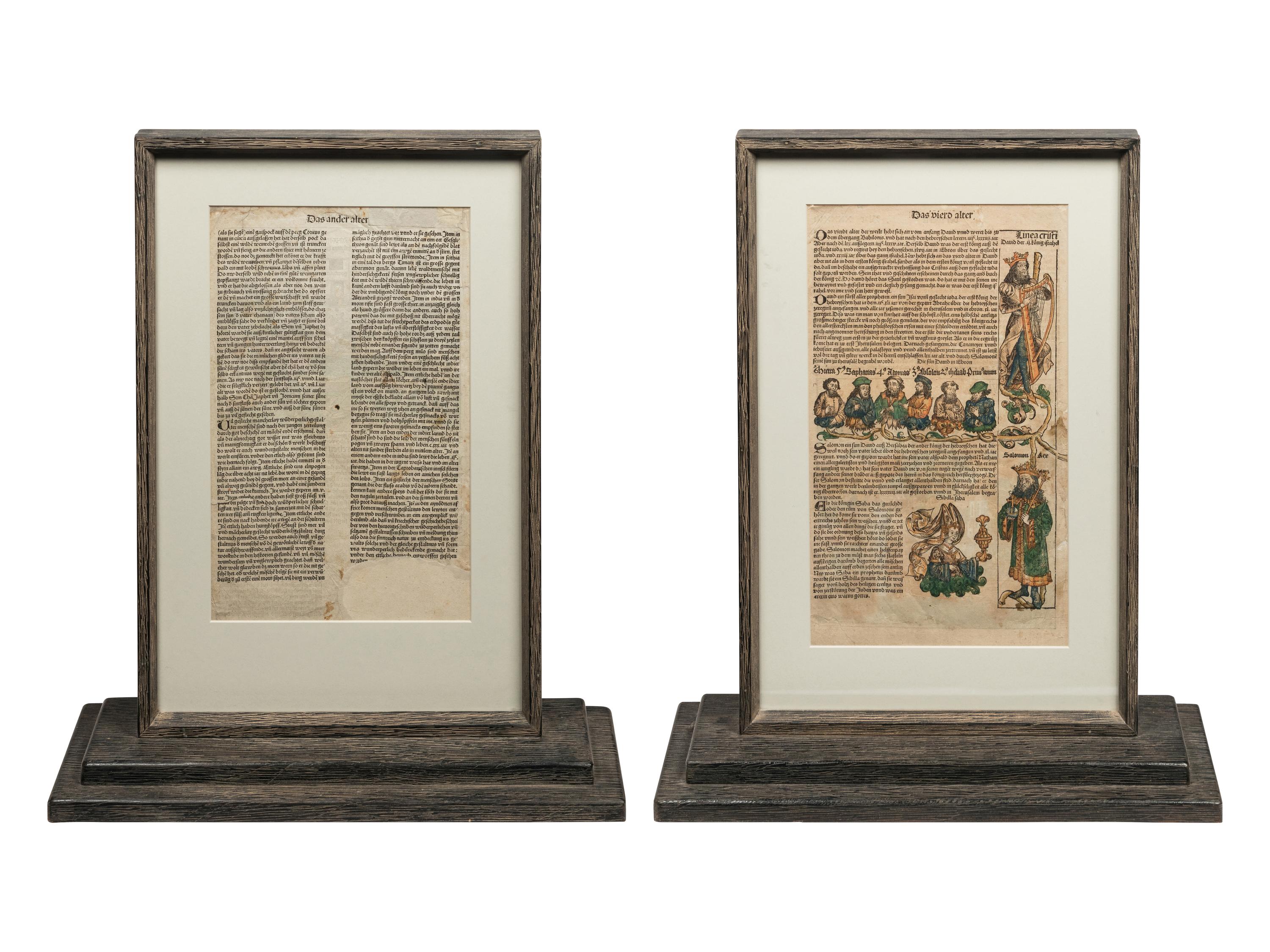 [LEAVES -- INCUNABULA] -- [SCHEDEL, Hartmann]. Two Incunabula leaves with hand-coloring from the Liber Chonicarum , or Nuremberg Chronicle . [Nuremberg, 1493].