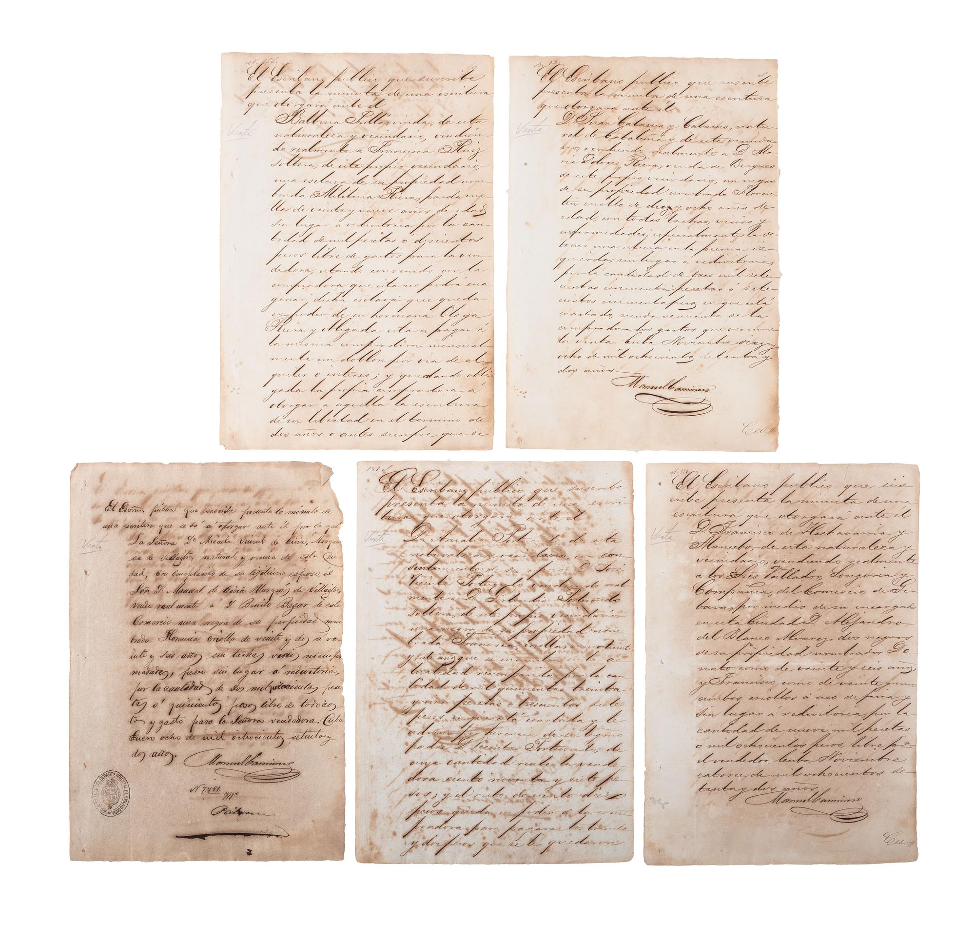 [SLAVERY & ABOLITION]. A group of 11 documents recording the sale of enslaved persons in Cuba. 1872-1877.