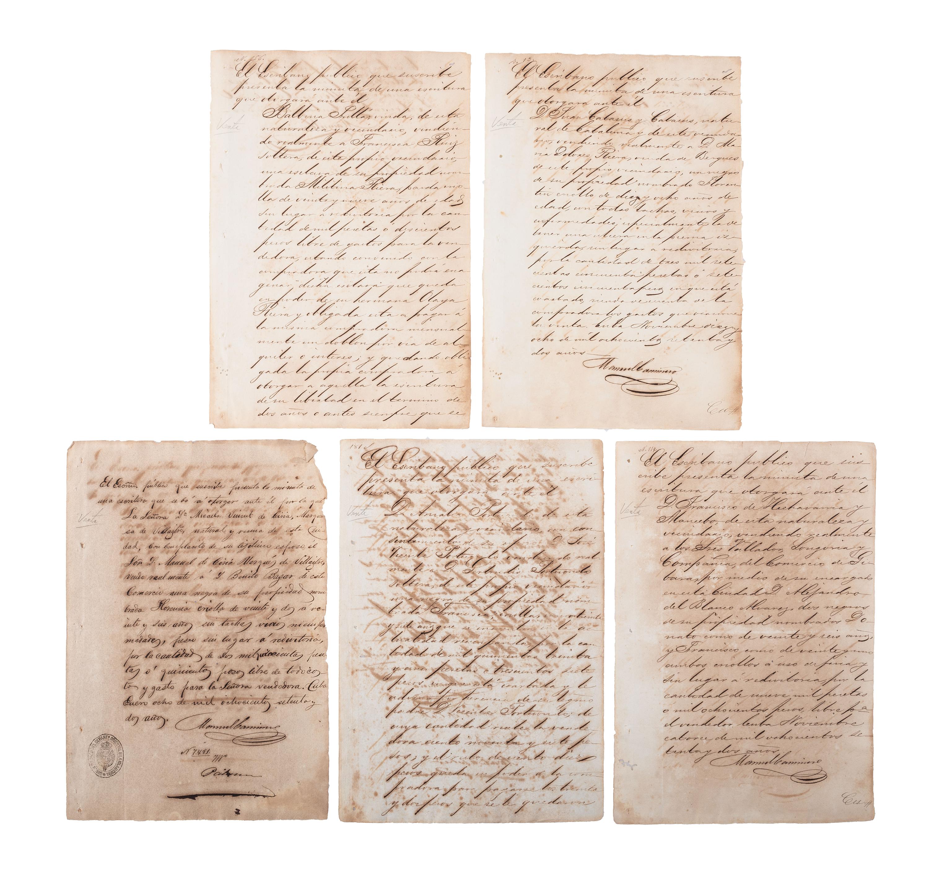 [SLAVERY & ABOLITION]. A group of 11 documents recording the sale of enslaved persons in Cuba. 1872-1877.
