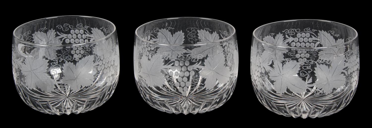 A Set of Three Etched Glass Wine Rinsers Diameter 5 inches.
