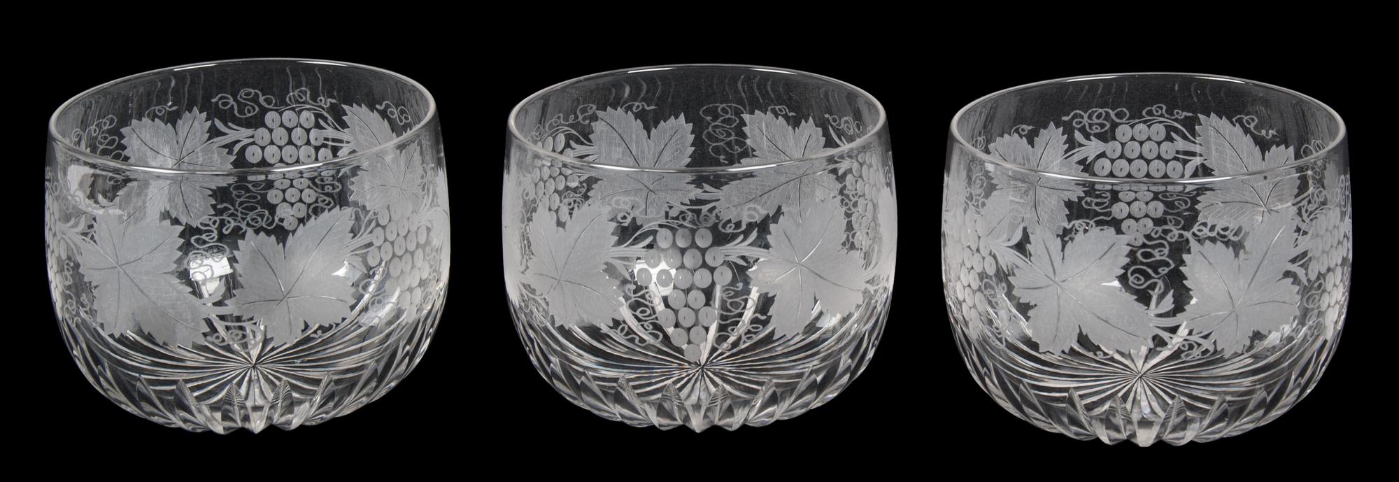A Set of Three Etched Glass Wine Rinsers Diameter 5 inches.