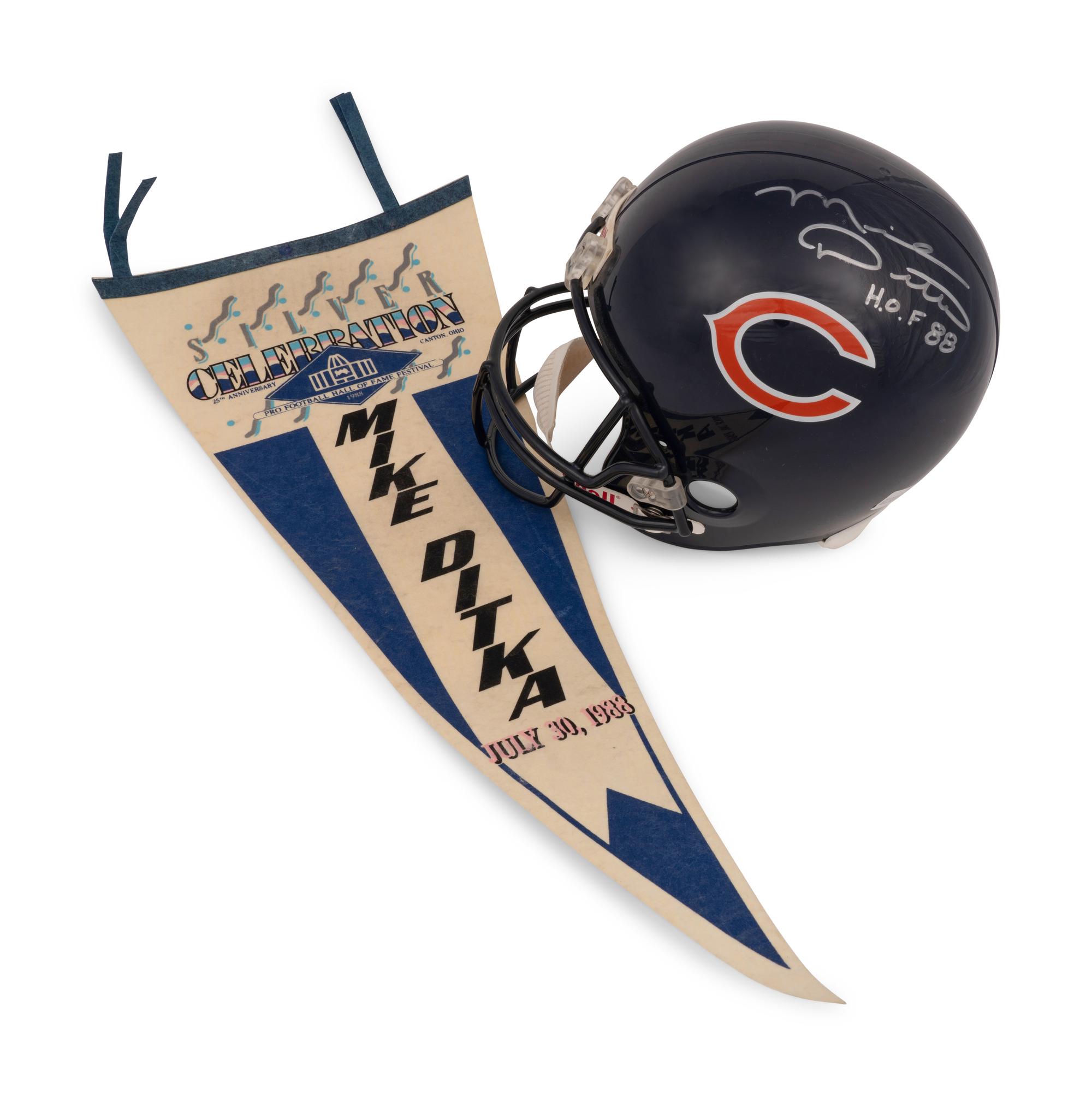 An Large Group of Mike Ditka Signed Autograph Items Featuring a Full Size Helmet, Framed Jersey and HOF Pennant