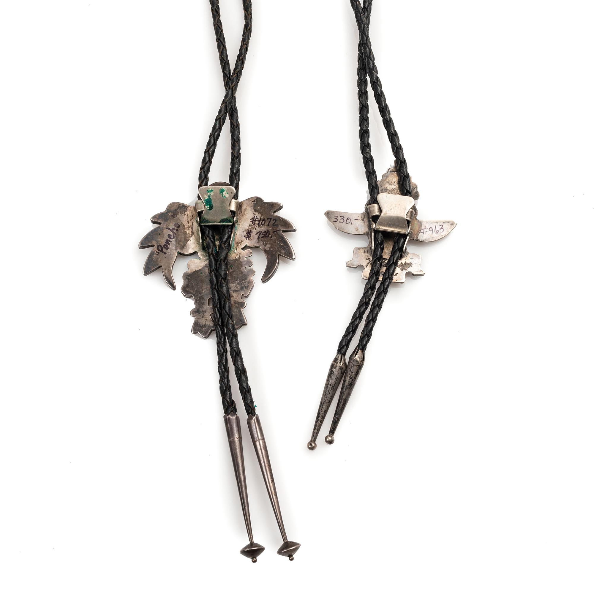 Zuni Mosaic Inlay Eagle Dancer and Knifewing Bolo Ties