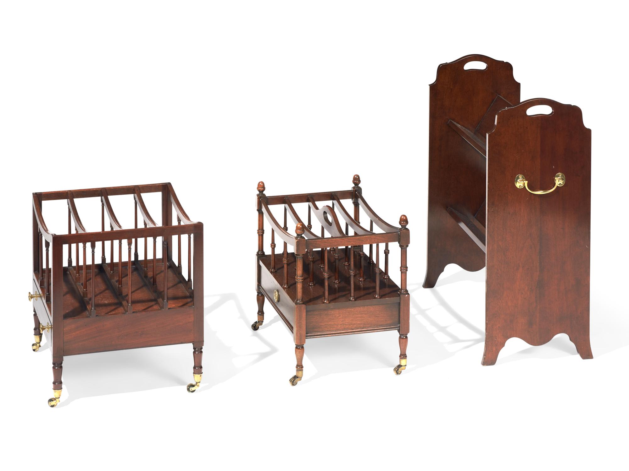 Two Regency style mahogany canterburies and a mahogany bookstand, 19th / 20th century