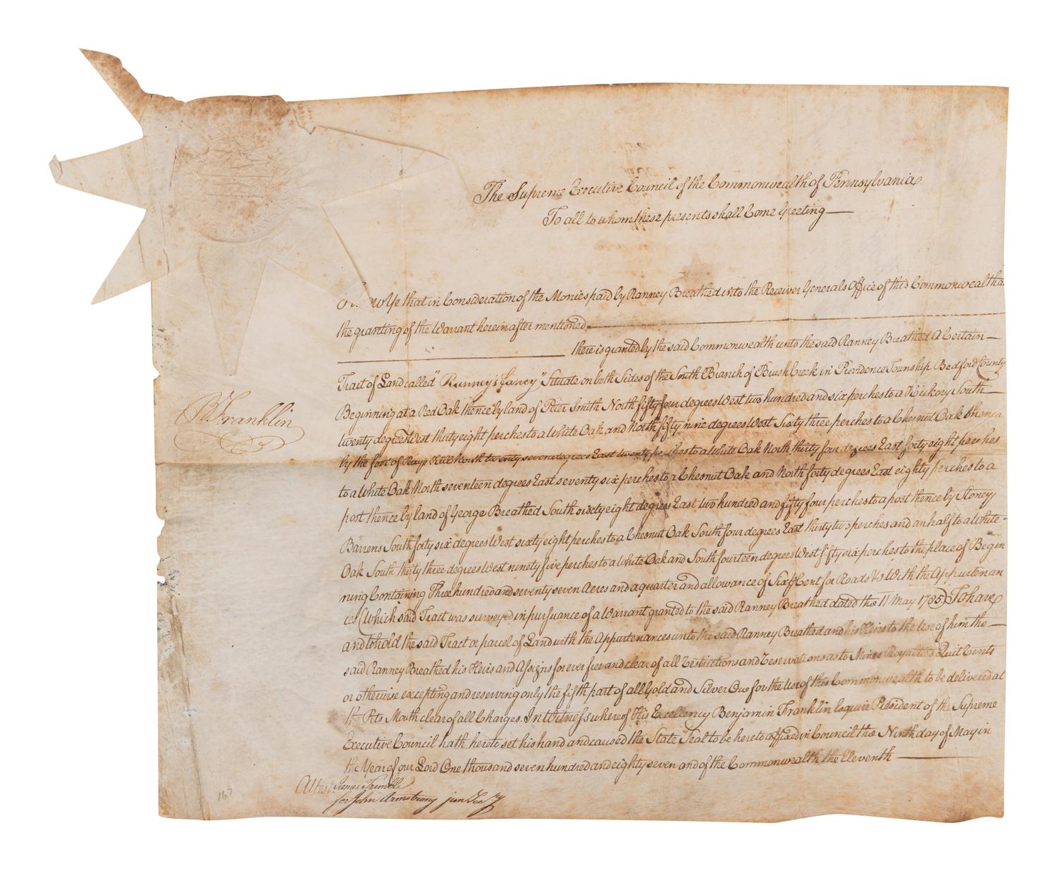 FRANKLIN, Benjamin (1706-1790). Manuscript document signed ("B. Franklin"), as President of the Supreme Executive Council of Pennsylvania, Philadelphia, 9 May 1787, countersigned by James Trimble for John Armstrong, secretary.