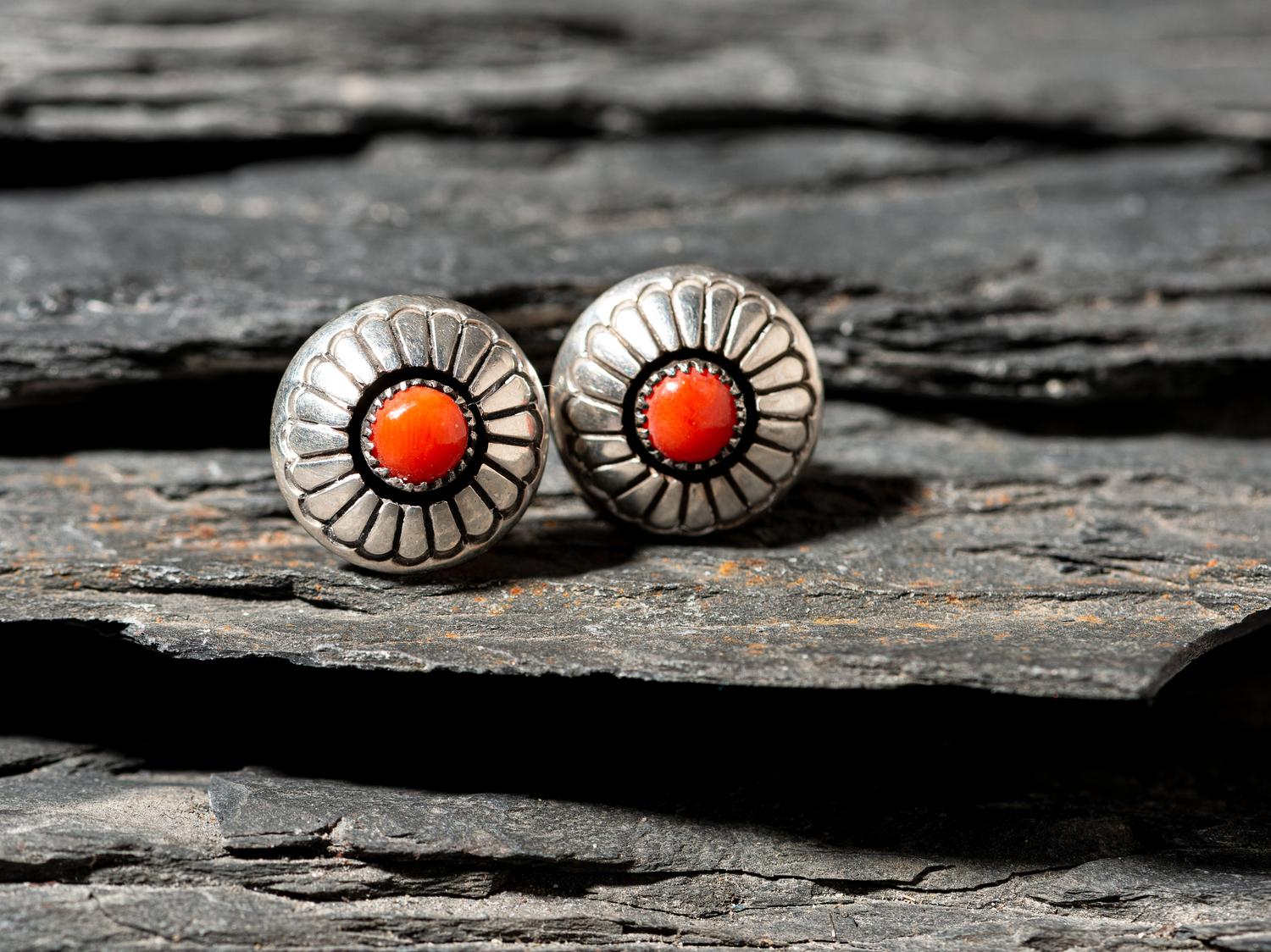 Pair of Silver and Coral Screwback Earrings