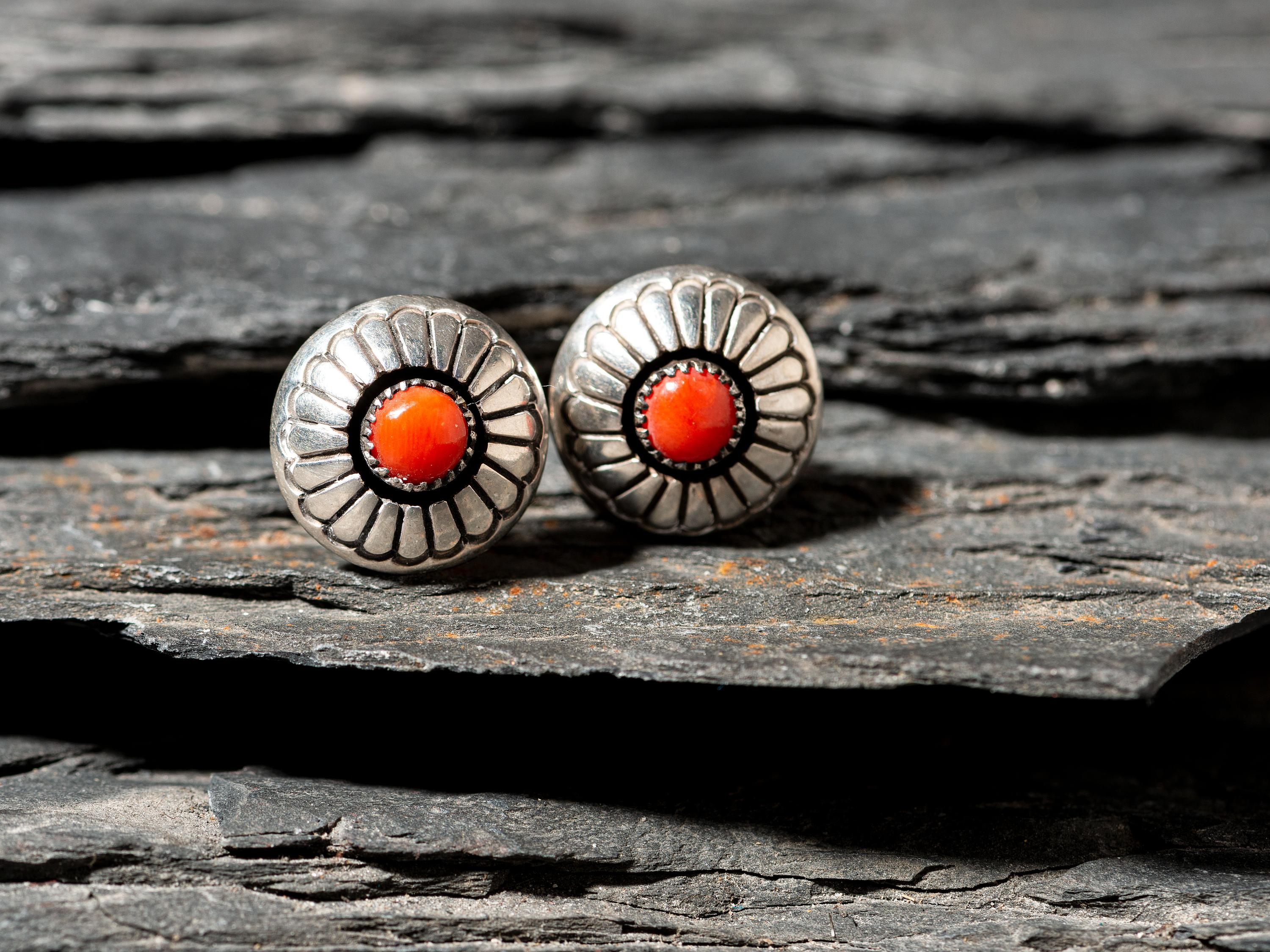 Pair of Silver and Coral Screwback Earrings