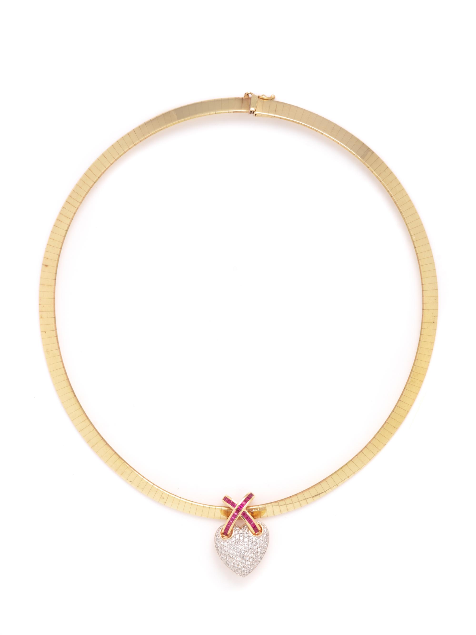 DIAMOND, RUBY, AND YELLOW GOLD PENDANT NECKLACE