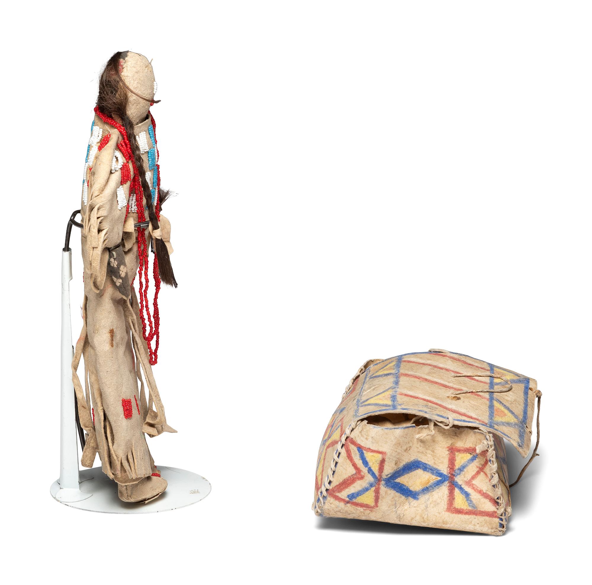Sioux Parfleche Box and Northern Plains Beaded Hide Doll