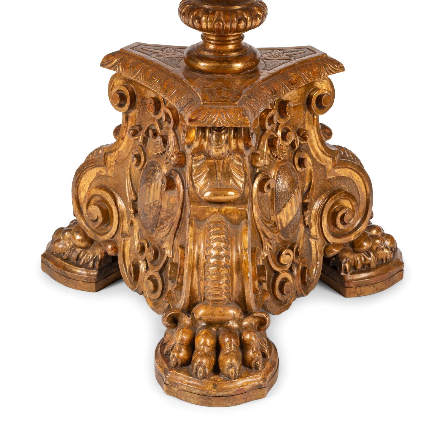 An Italian Baroque Style Giltwood Table Base with an Associated Scagliola Top