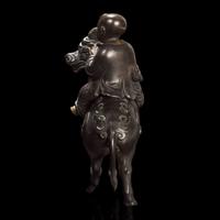 A Chinese Patinated and Parcel-gilt Bronze 'Qilin and Boy' Censer, 17th/18th Century 清早期 銅局部鎏金麒麟童子香薰