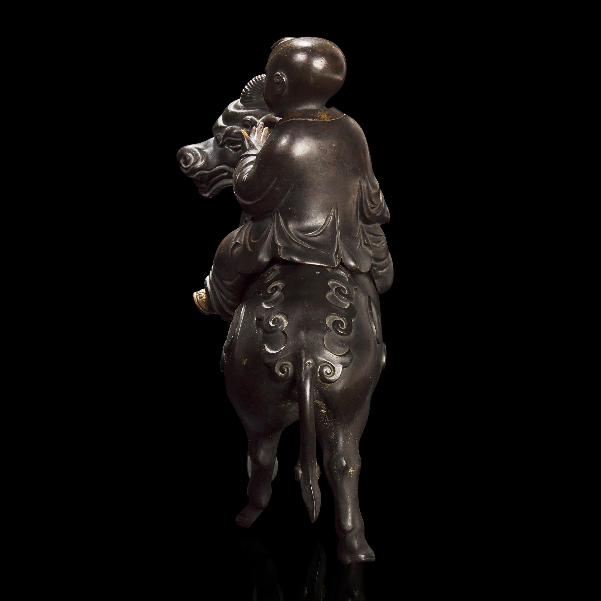 A Chinese Patinated and Parcel-gilt Bronze 'Qilin and Boy' Censer, 17th/18th Century 清早期 銅局部鎏金麒麟童子香薰