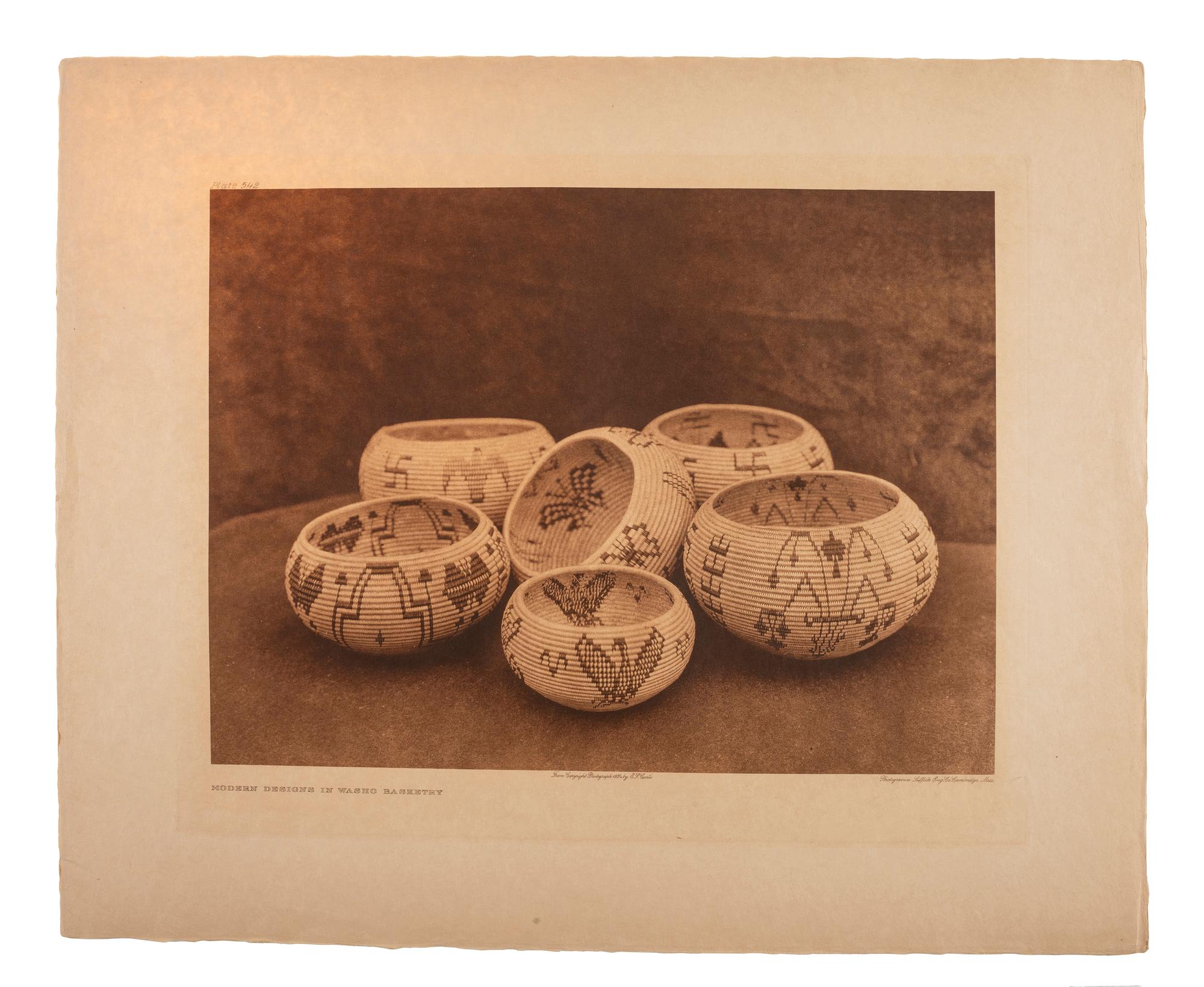 CURTIS, Edward (1868-1952). A group of 8 photogravures of Pomo, Washo, Yokuts and other California Native American baskets, portfolios 14 and 15: