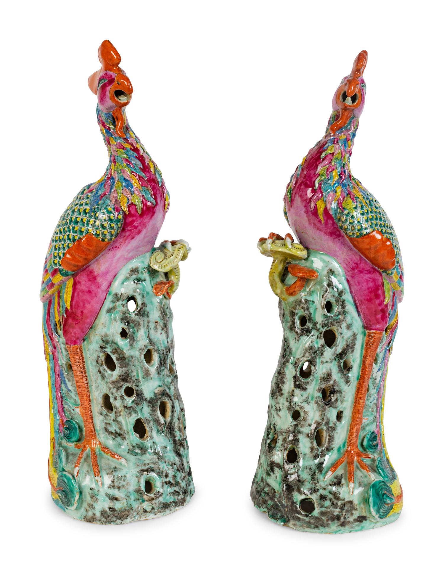 A Large Pair of Chinese Export Famille Rose Porcelain Figures of Phoenix Birds — 19TH CENTURY