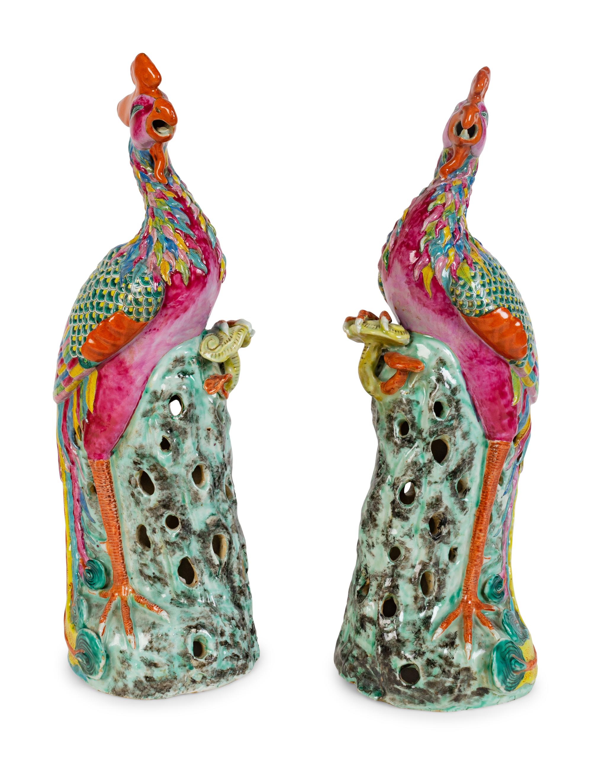 A Large Pair of Chinese Export Famille Rose Porcelain Figures of Phoenix Birds — 19TH CENTURY