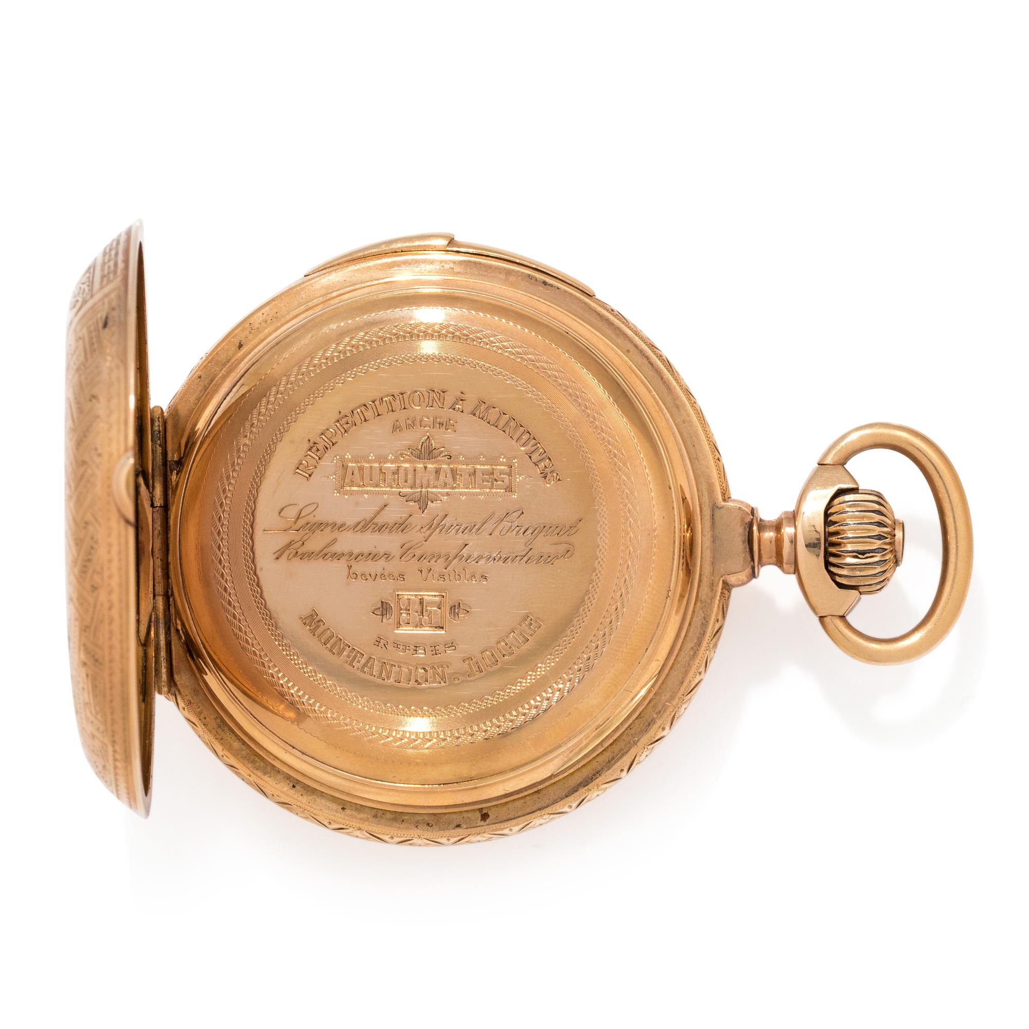 18K YELLOW GOLD AUTOMATON MINUTE REPEATER HUNTER CASE POCKET WATCH