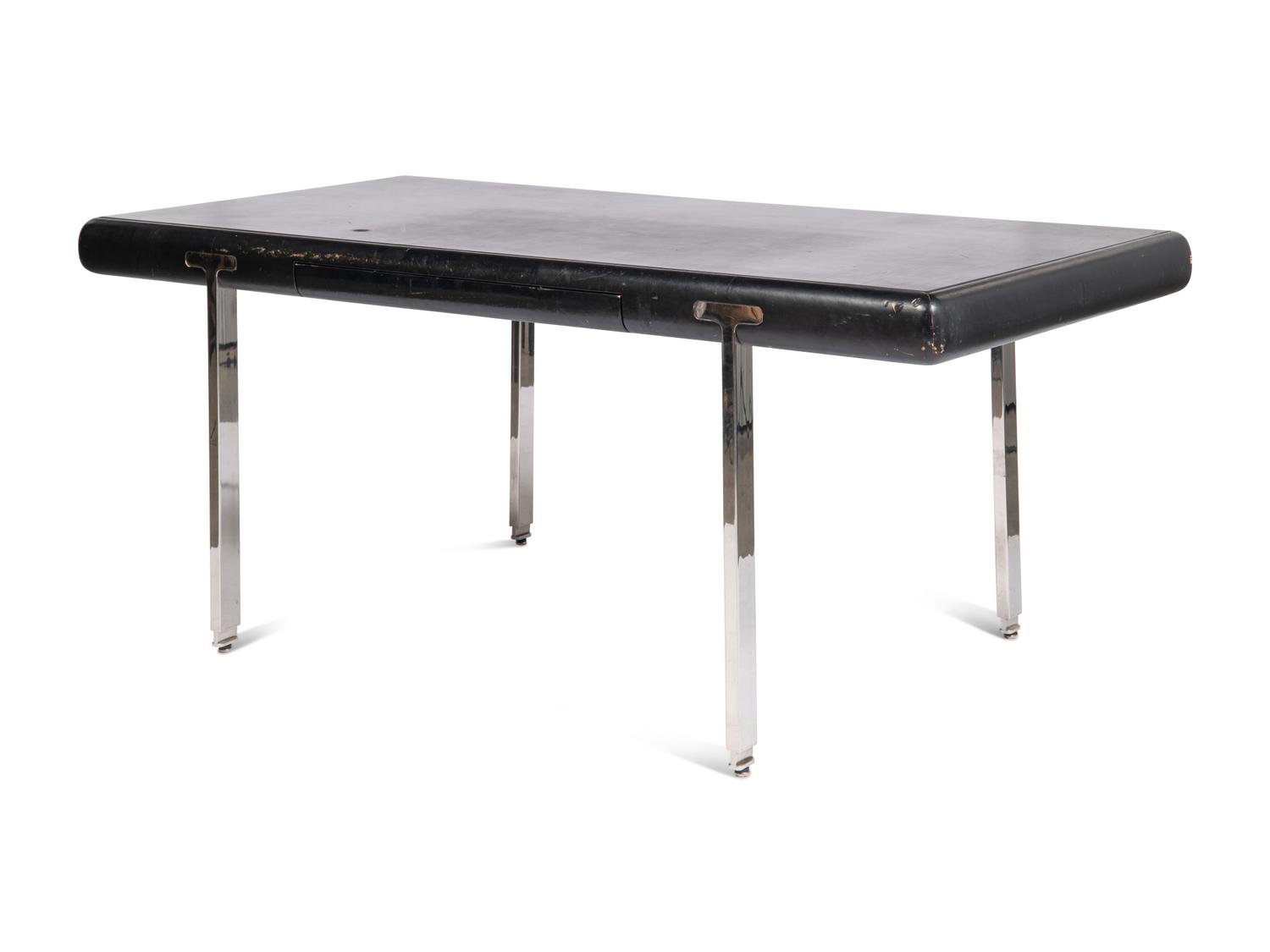 A Black Leather and Steel Mounted Desk
