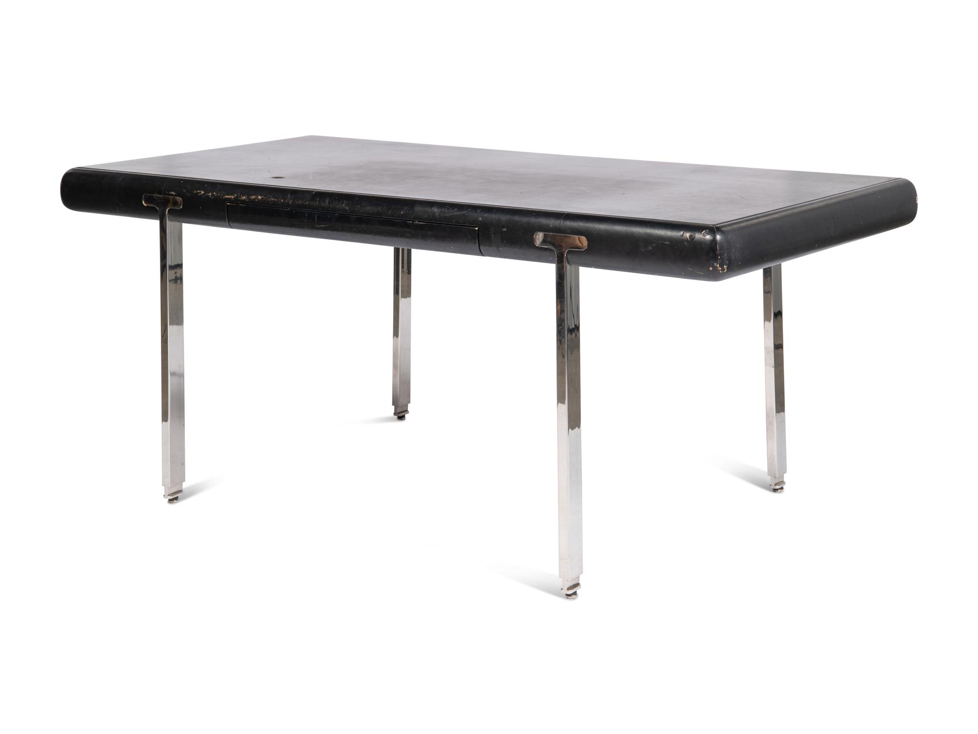 A Black Leather and Steel Mounted Desk