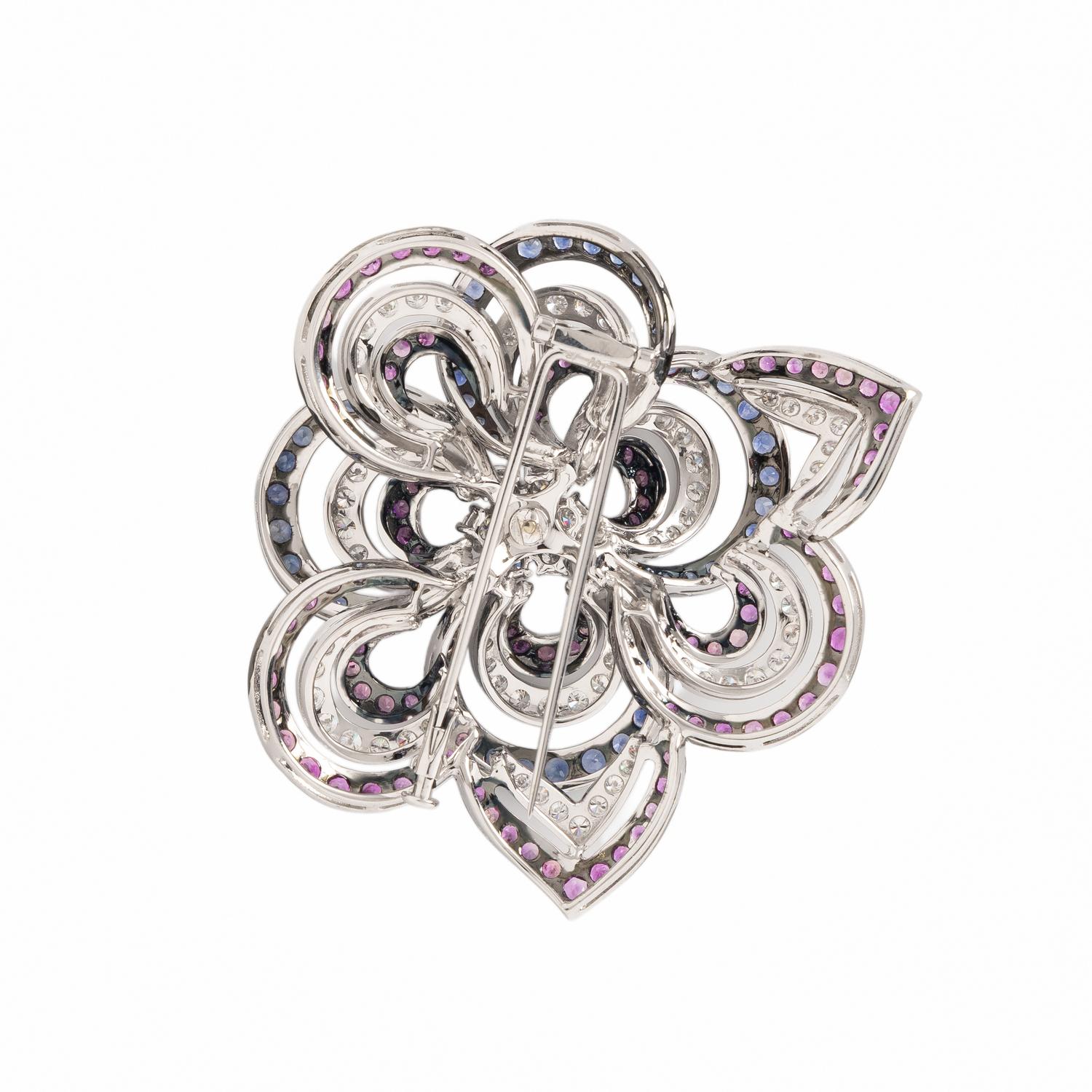 PINK SAPPHIRE, SAPPHIRE, AND DIAMOND FLOWER BROOCH