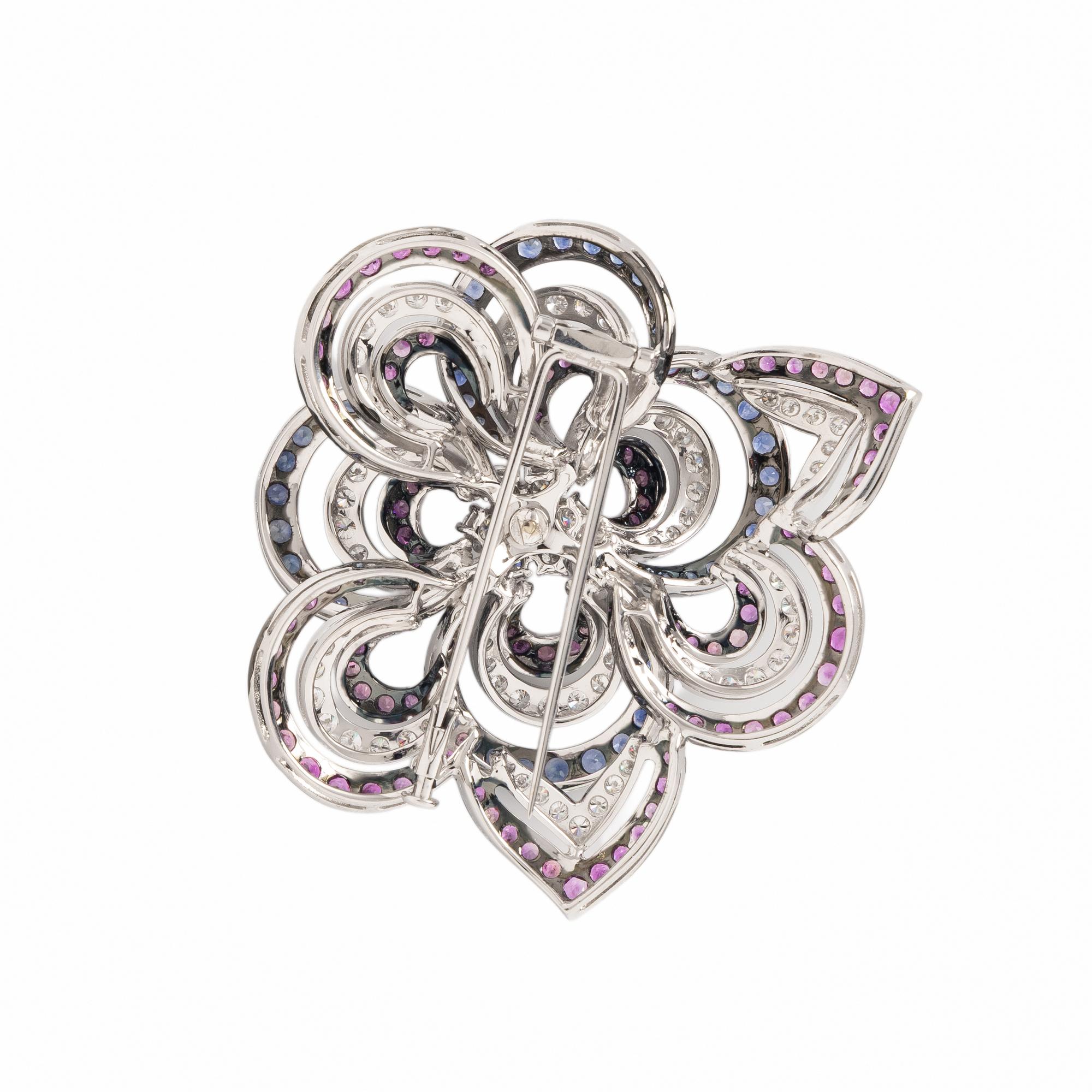 PINK SAPPHIRE, SAPPHIRE, AND DIAMOND FLOWER BROOCH