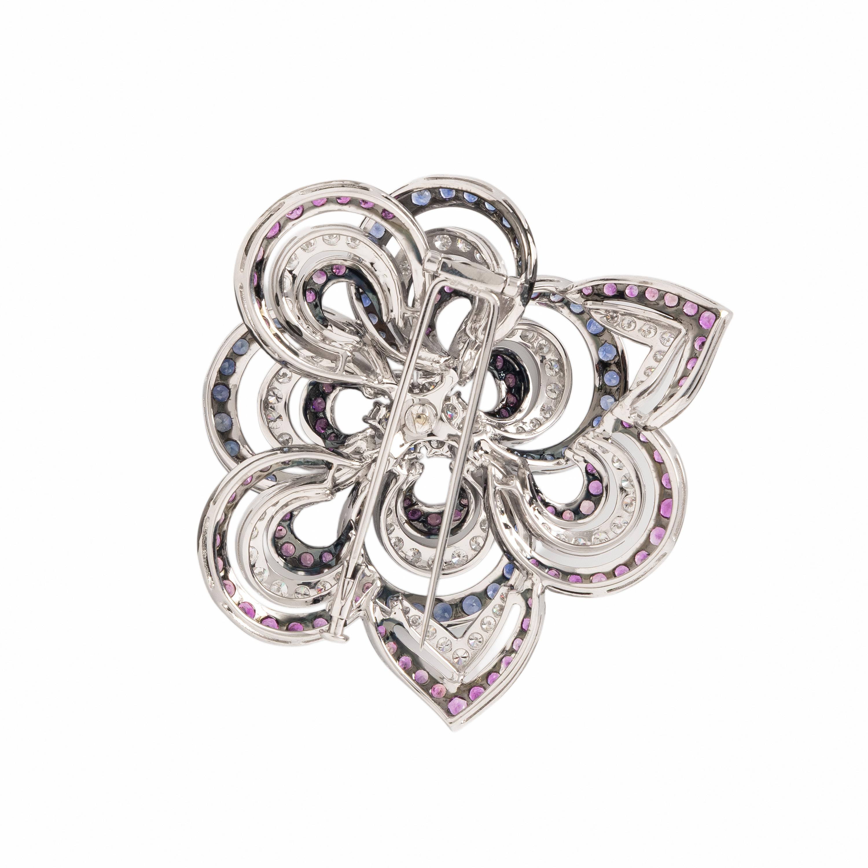 PINK SAPPHIRE, SAPPHIRE, AND DIAMOND FLOWER BROOCH