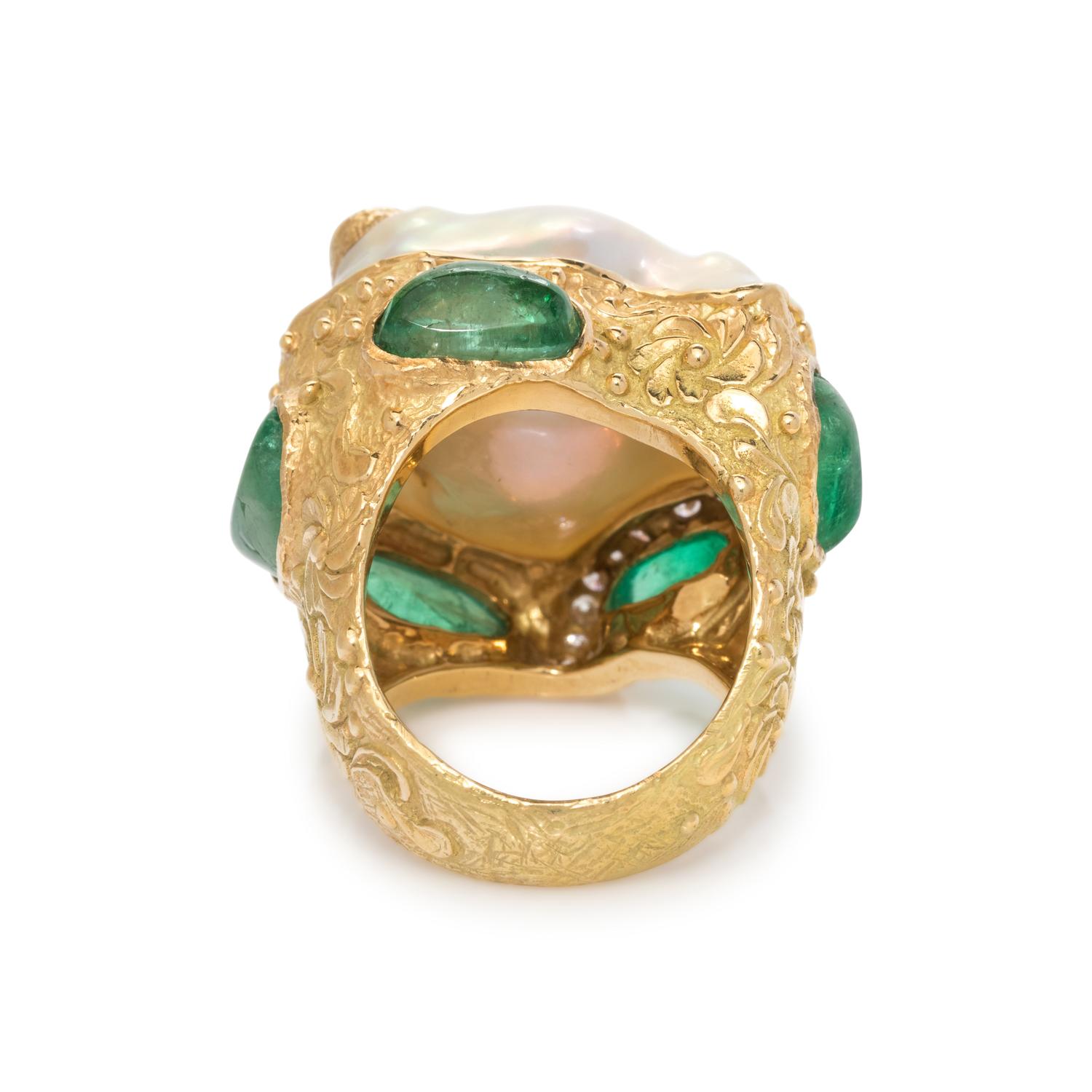 KATY BRISCOE, CULTURED BAROQUE PEARL, DIAMOND AND EMERALD RING