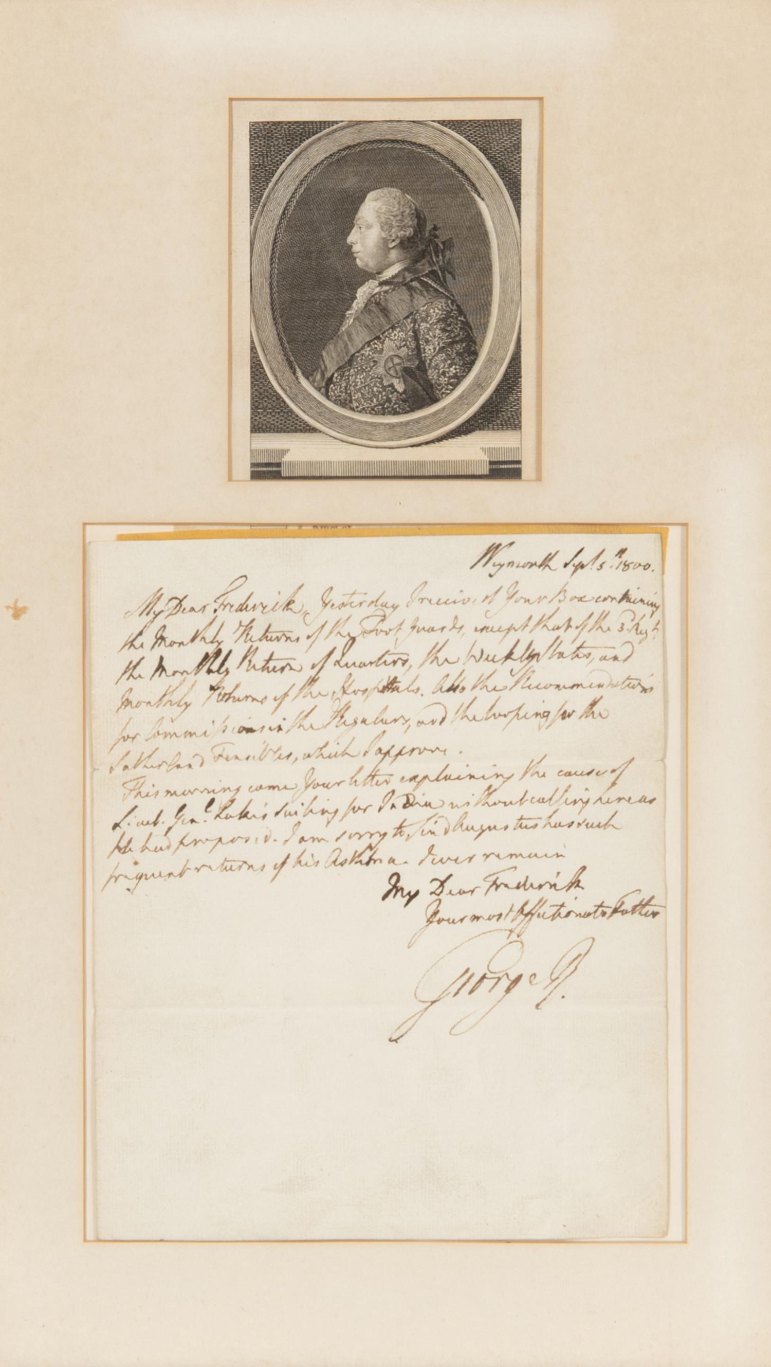 George III (1738-1820). Autograph letter signed ("George R.") to his son Prince Frederick, Duke of York and Albany. Weymouth, 5 September 1800.