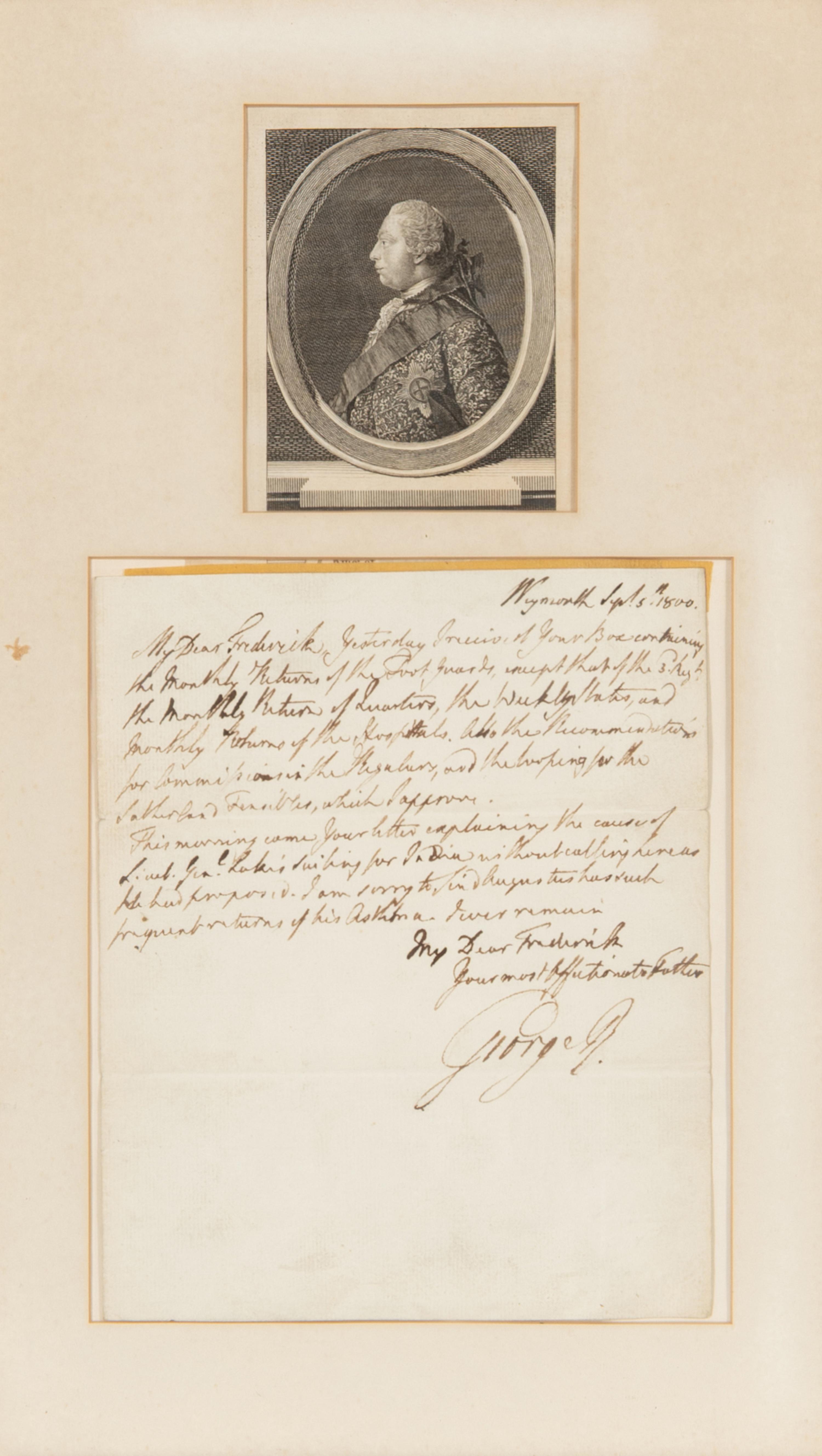 George III (1738-1820). Autograph letter signed ("George R.") to his son Prince Frederick, Duke of York and Albany. Weymouth, 5 September 1800.