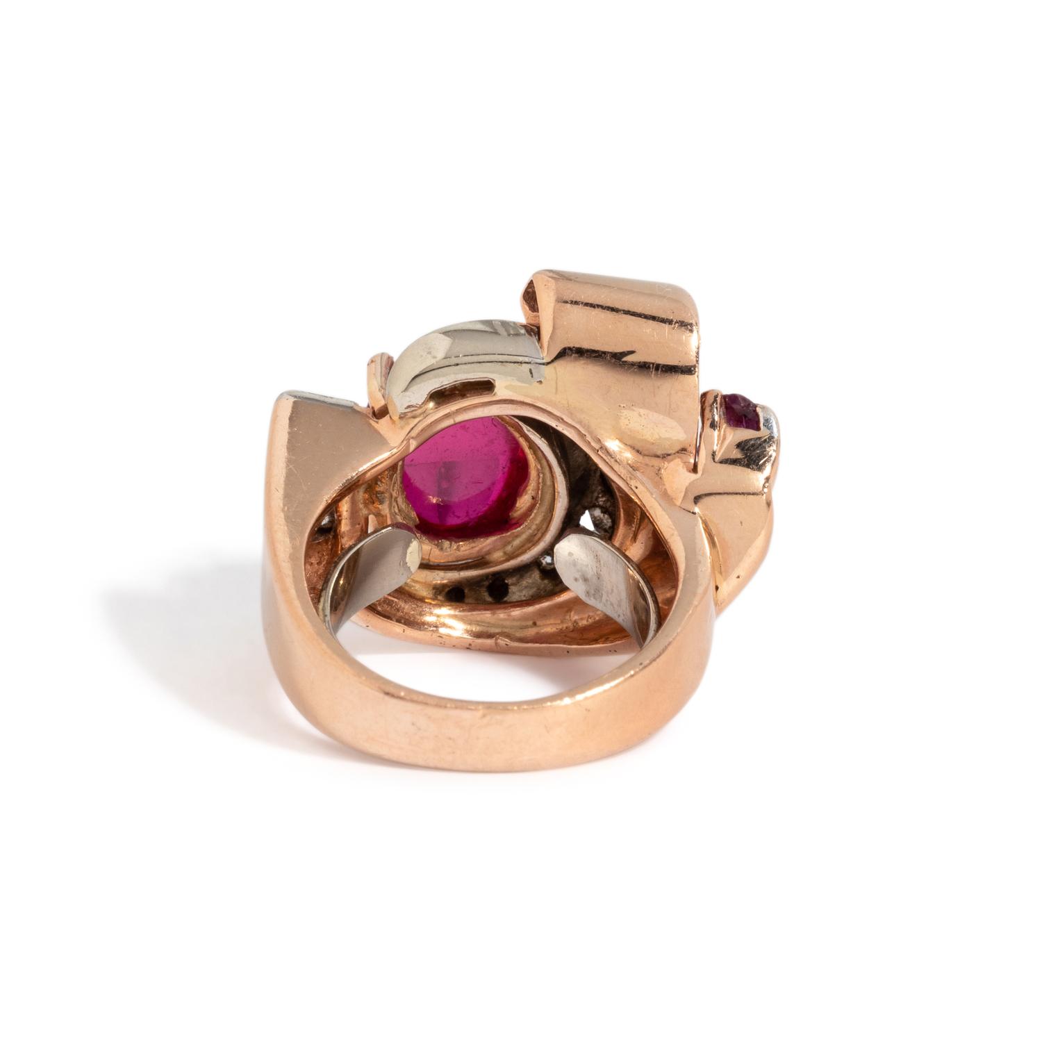 RETRO, SYNTHETIC RUBY, RUBY AND DIAMOND RING
