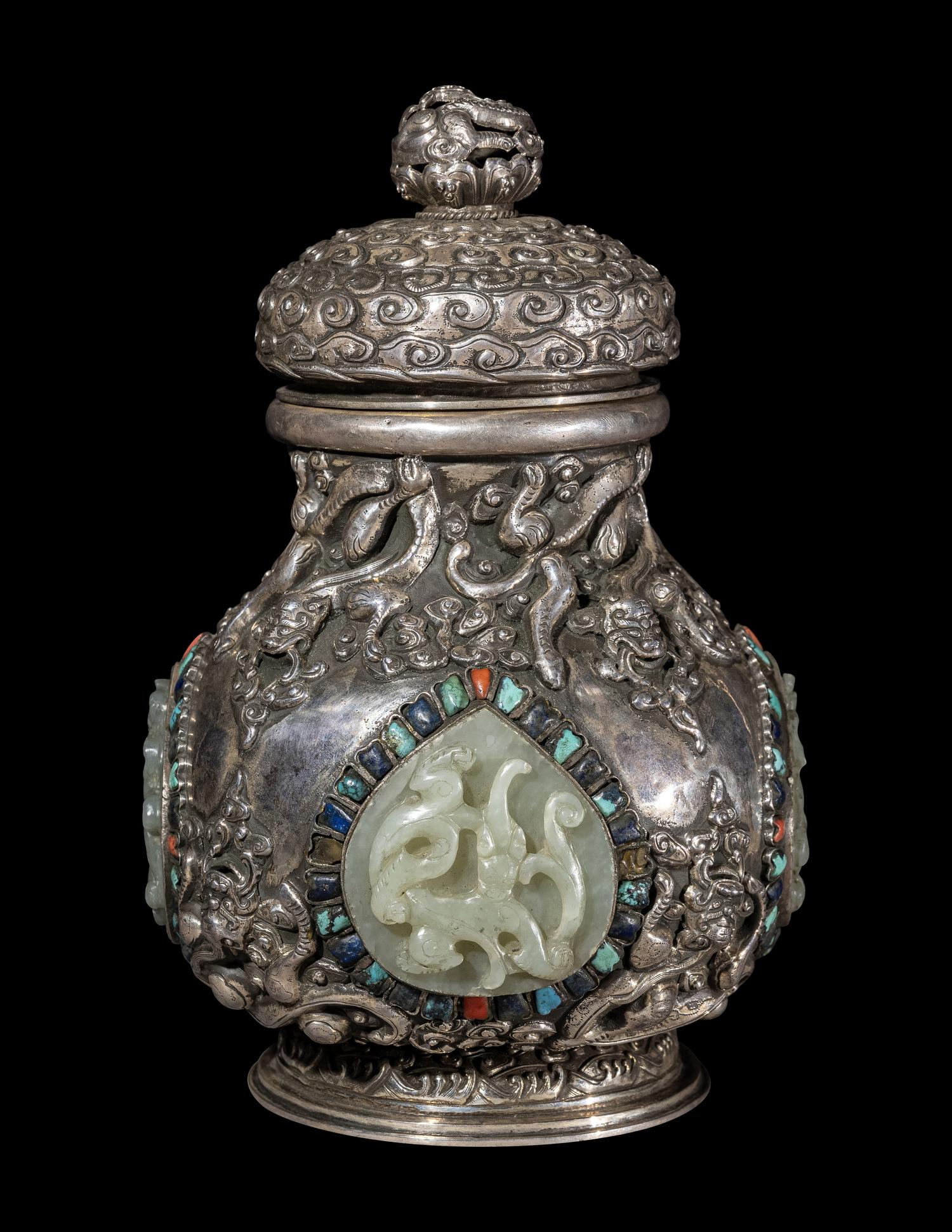 A Mongolian Jade and Hardstone Inset Silver Covered Hu Vessel