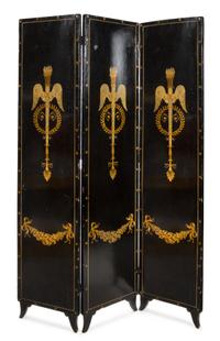 An English Painted Three-Panel Floor Screen Height 71 7/8 x width of each panel 16 3/8 inches. — 19TH CENTURY