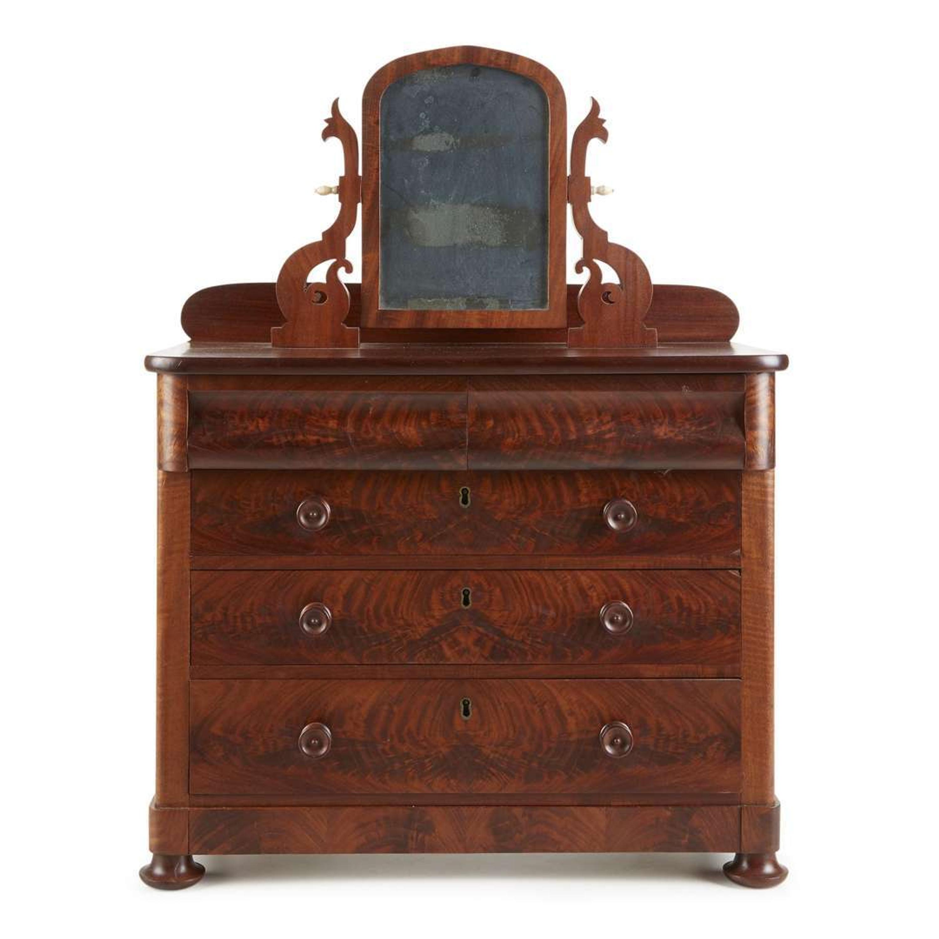 Miniature Classical figured mahogany chest of drawers with dressing mirror circa 1840