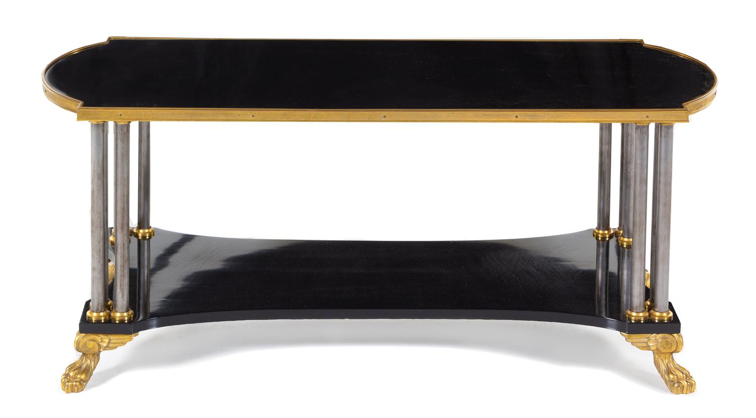 A French Gilt Bronze, Steel and Lacquered Wood Low Table Height 19 x width 45 x depth 18 inches. — MAISON JANSEN, CIRCA 1940