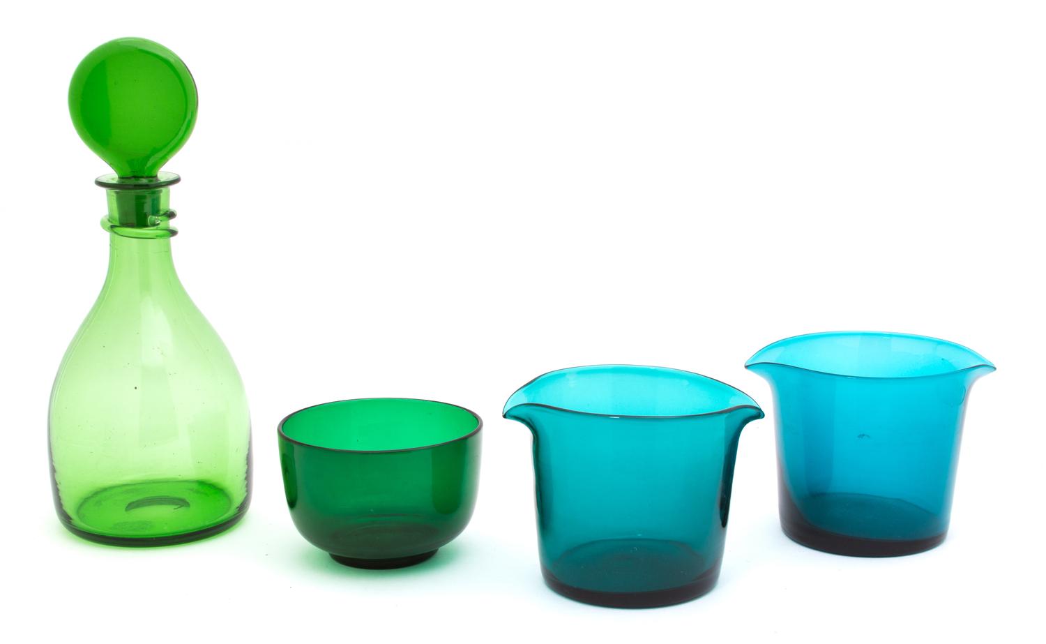A Group of Four Colored Glass Table Articles Height of tallest 11 1/2 inches. — 19TH CENTURY
