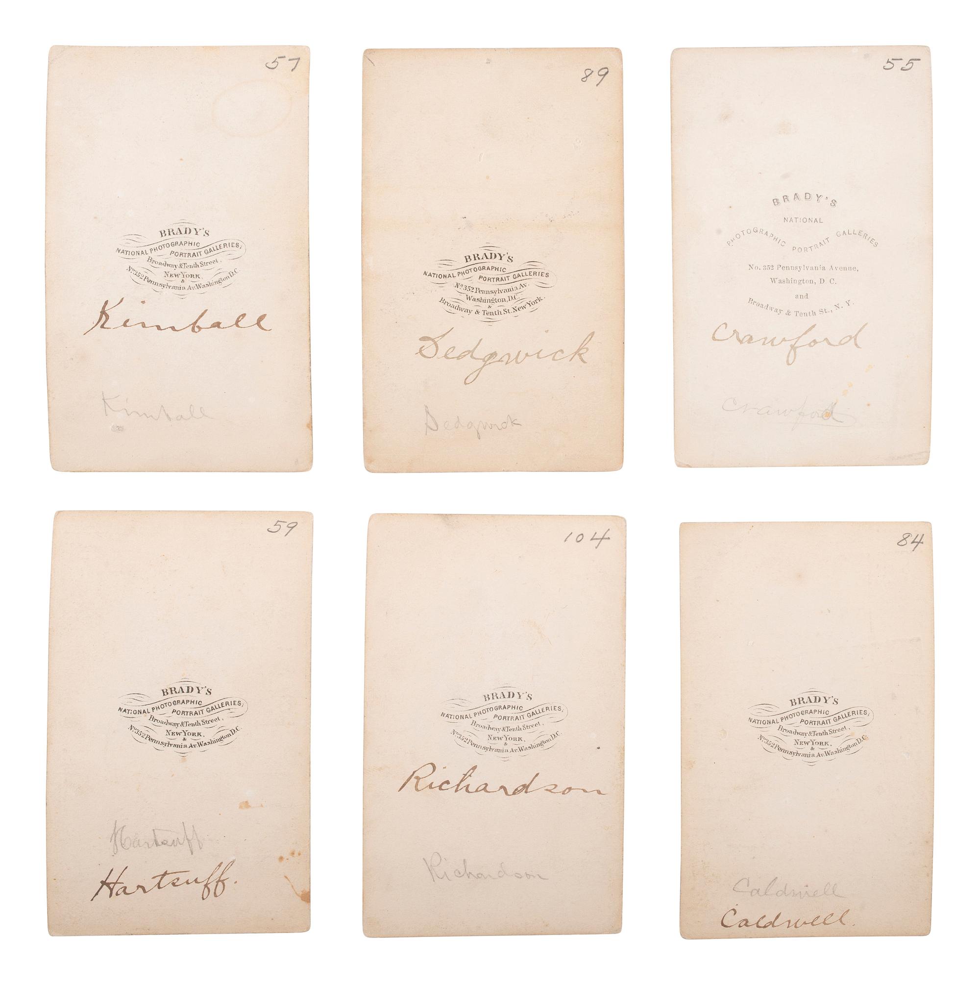 [CIVIL WAR - ANTIETAM]. BRADY, Mathew (1822-1896), photographer. A group of 6 CDVs of Union generals known for their actions at Antietam, incl. RICHARDSON, HARTSUFF, SEDGWICK, CRAWFORD, and CALDWELL.