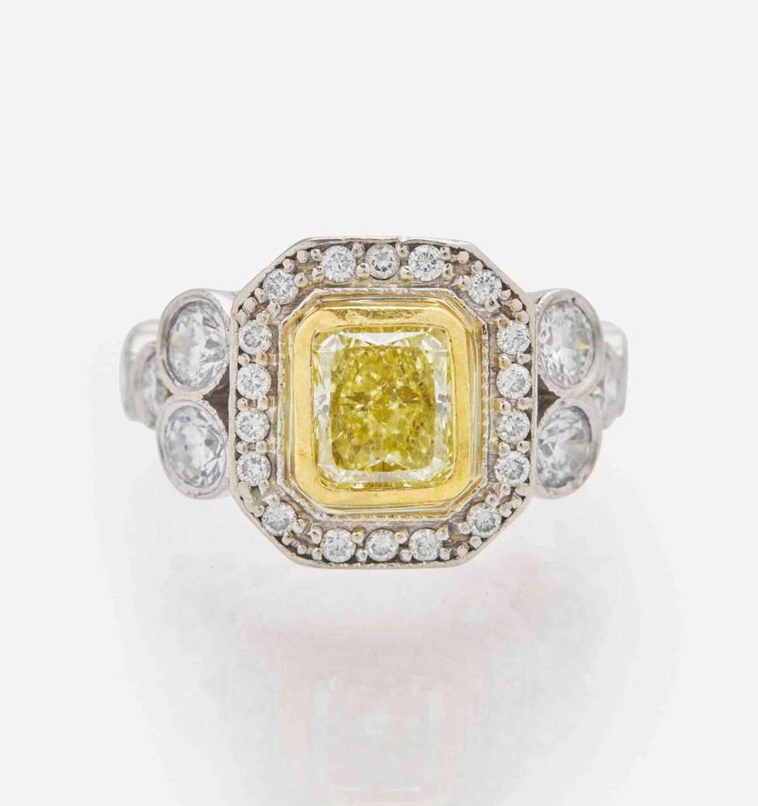 A 14K White Gold, Diamond, and Colored Diamond Ring 1.74 Carat Cut-Cornered Rectangular Modified Brilliant Yellow Diamond, GIA Certified