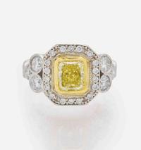 A 14K White Gold, Diamond, and Colored Diamond Ring 1.74 Carat Cut-Cornered Rectangular Modified Brilliant Yellow Diamond, GIA Certified