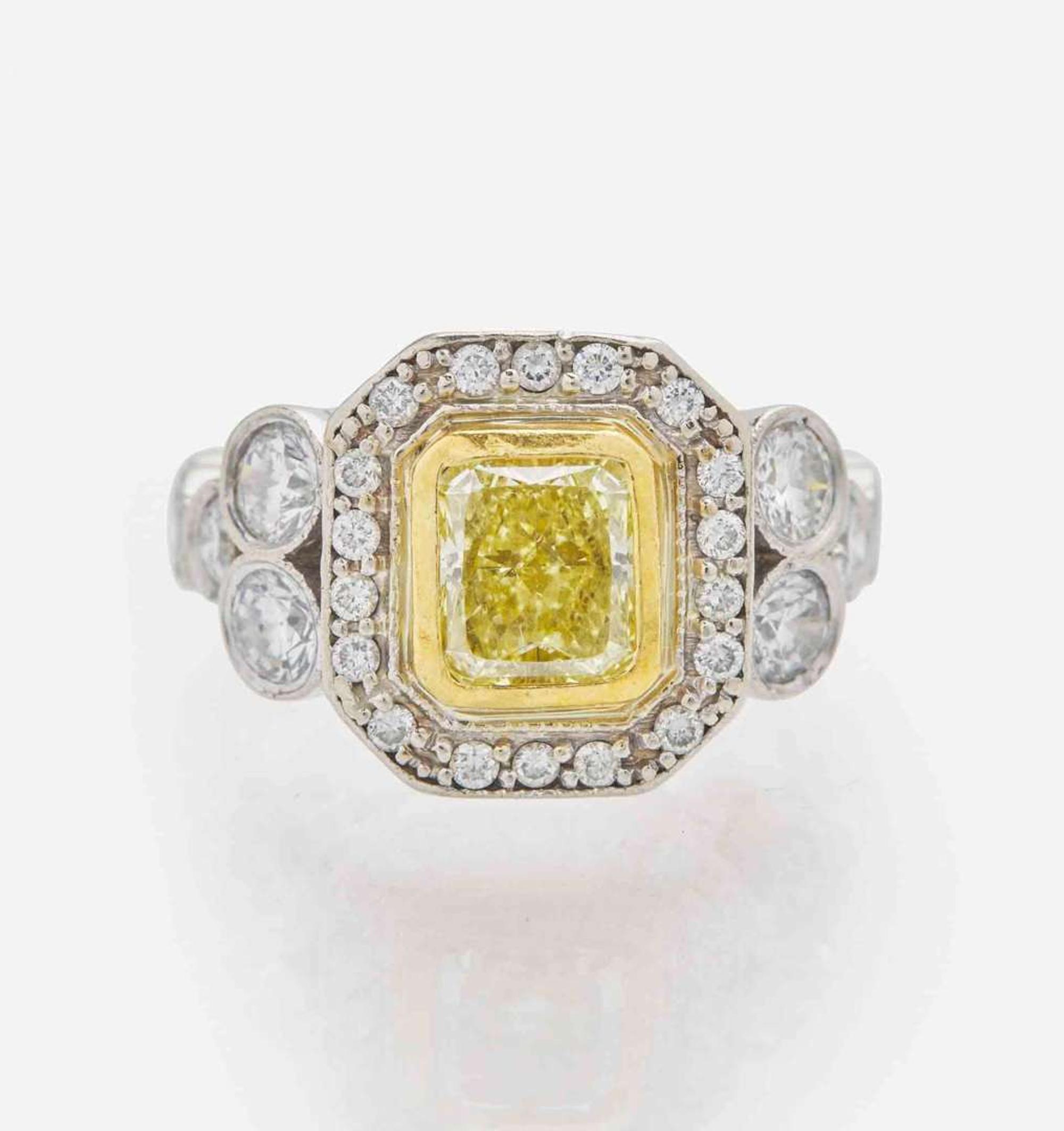 A 14K White Gold, Diamond, and Colored Diamond Ring 1.74 Carat Cut-Cornered Rectangular Modified Brilliant Yellow Diamond, GIA Certified